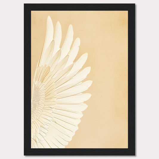 This elegant wall art features a detailed depiction of a white feathered wing against a soft beige background. The minimalist design and neutral tones make it a versatile piece for any room.