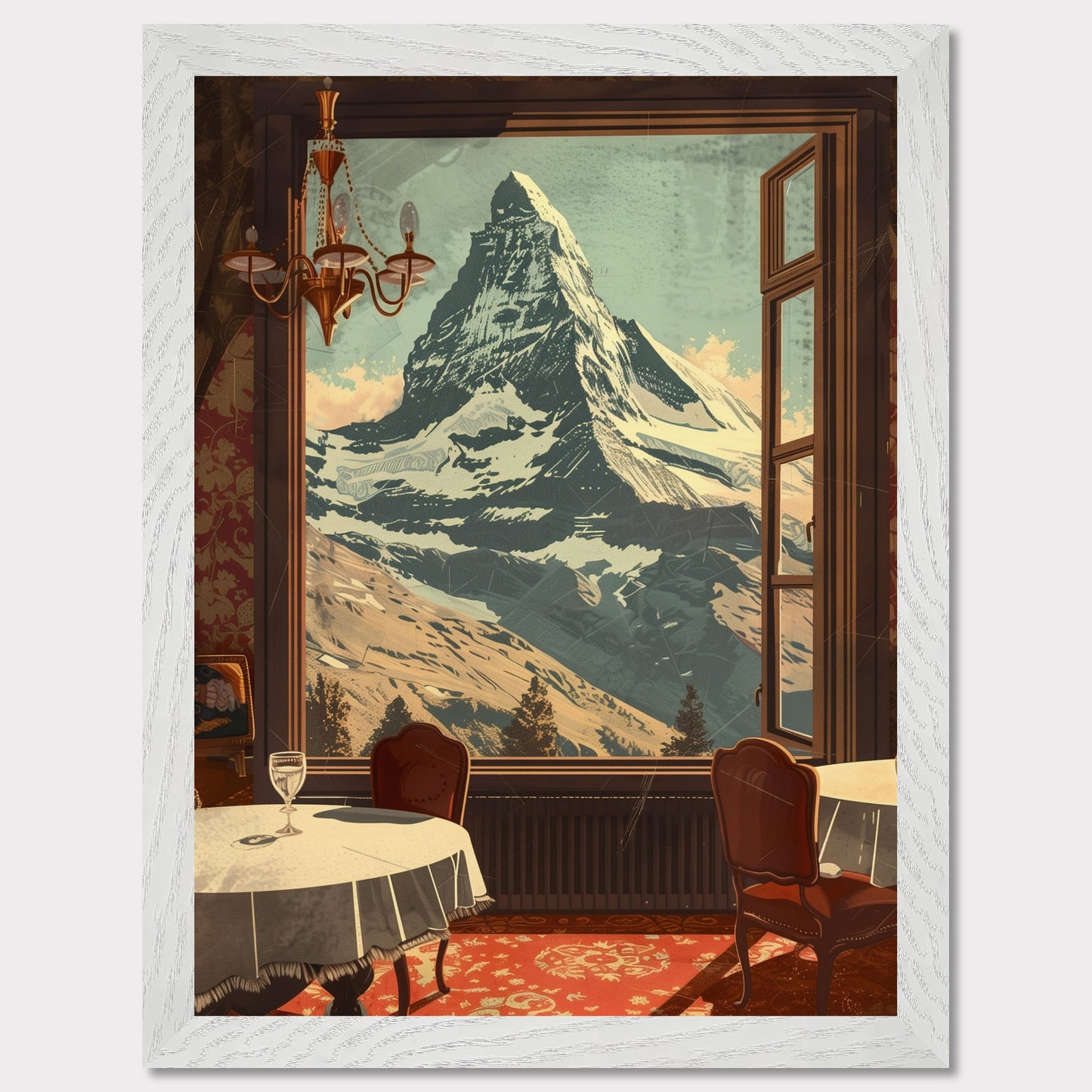 Witness the breathtaking view of a majestic snow-capped mountain through an elegantly framed window. This serene setting features a cozy dining area with classic furniture, a radiant chandelier, and a beautifully patterned carpet.