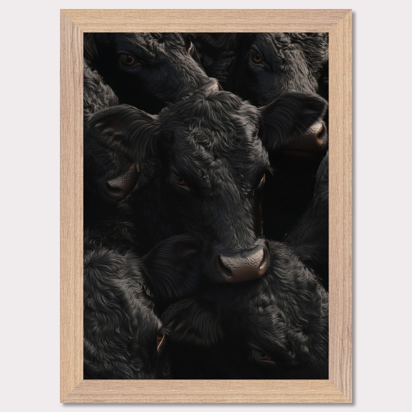 This captivating artwork features a close-up view of several black cows, their faces and textures intricately detailed. The image exudes a sense of unity and calmness among the animals.