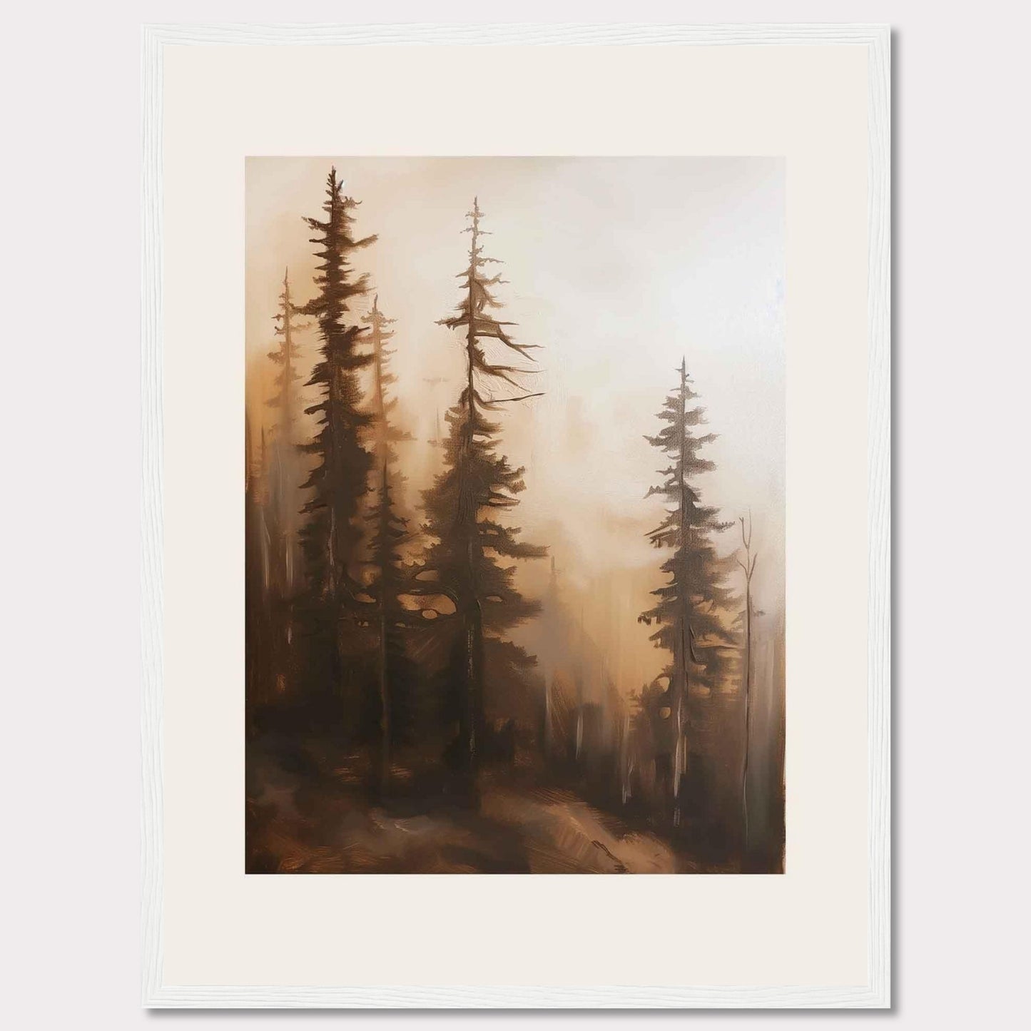 This captivating artwork features a serene forest scene enveloped in mist, evoking a sense of tranquility and mystery. The tall, slender trees stand majestically, their branches reaching out into the foggy atmosphere. The soft, warm hues create a calming ambiance, making it a perfect addition to any living space.