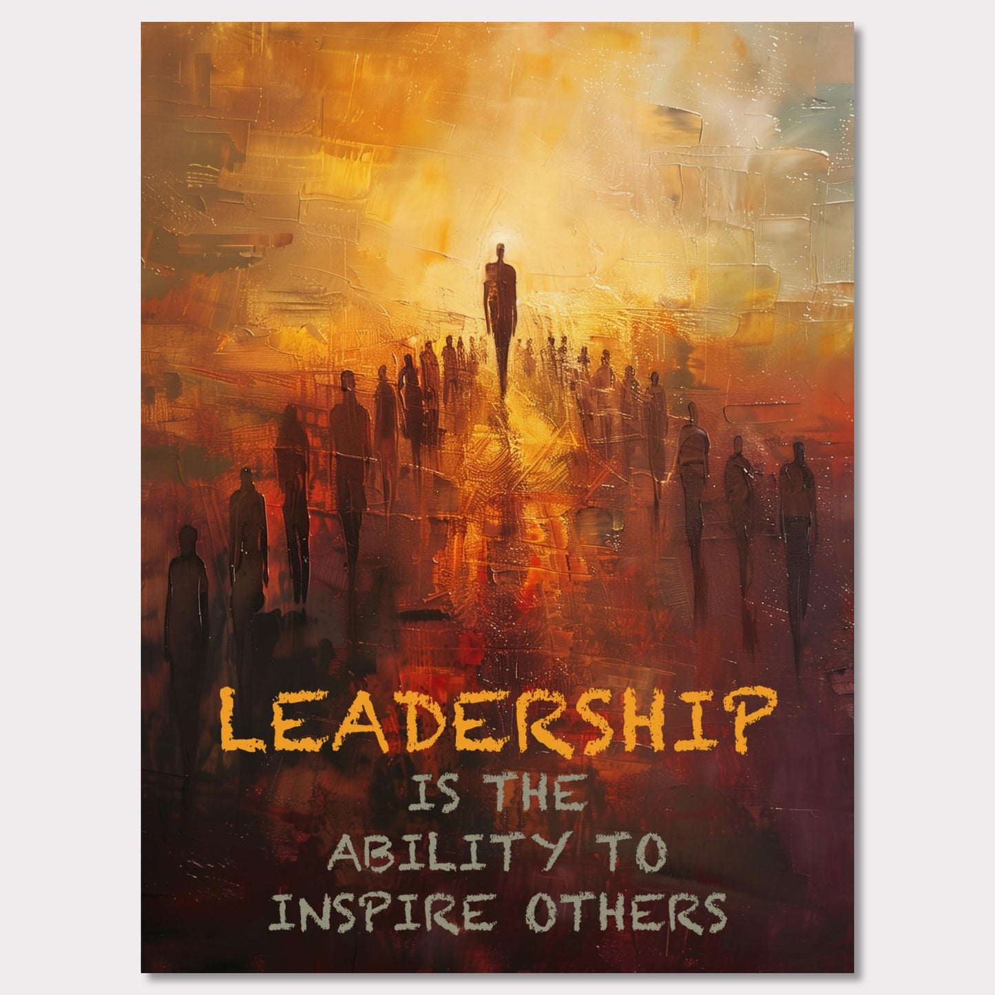 This image depicts a motivational poster with an abstract painting of a group of people following a prominent figure, symbolizing leadership. The background is a blend of warm colors like orange and yellow, creating a sense of inspiration and energy.