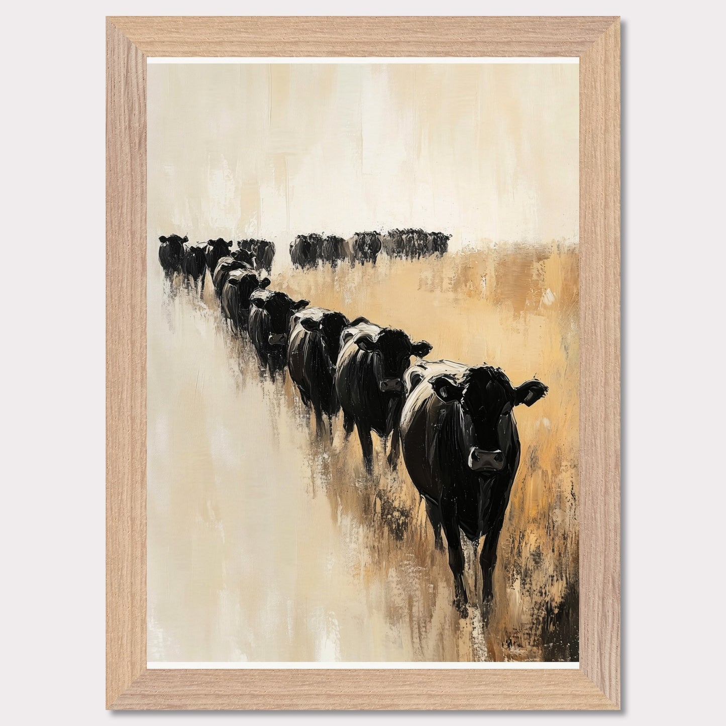 This captivating artwork portrays a herd of black cows walking in a line across a serene, golden field. The abstract brush strokes and muted color palette evoke a sense of calm and tranquility.