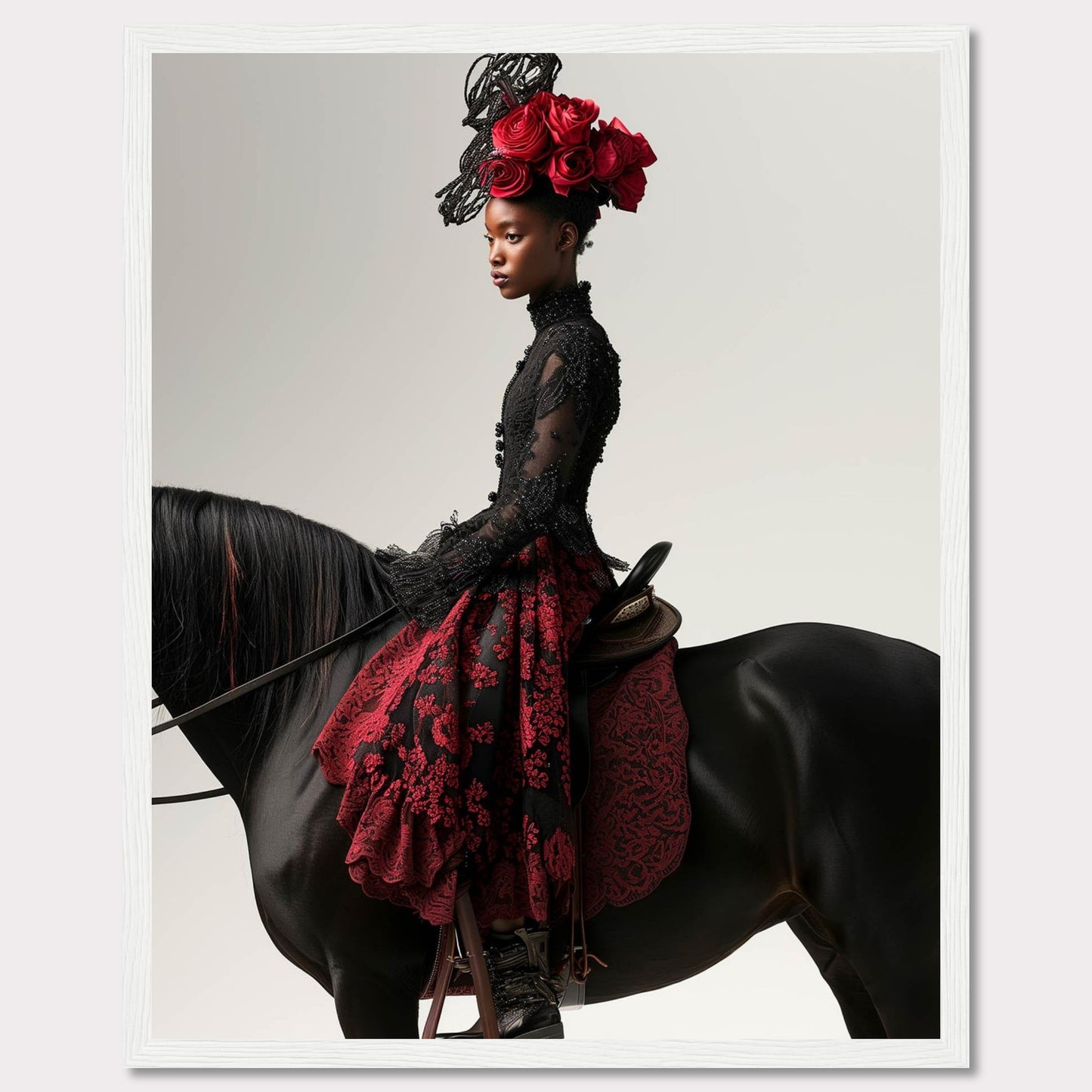 This striking image features a poised woman in an elegant black and red lace dress, adorned with an elaborate headpiece of red roses. She sits gracefully on a majestic black horse, exuding confidence and sophistication.