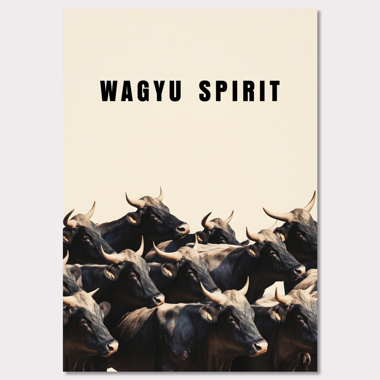 This illustration shows a group of black cattle with horns, set against a light background. The text "WAGYU SPIRIT" is prominently displayed at the top.

This poster will fit well in a kitchen, dining area, restaurant, or any space related to food and culinary arts.