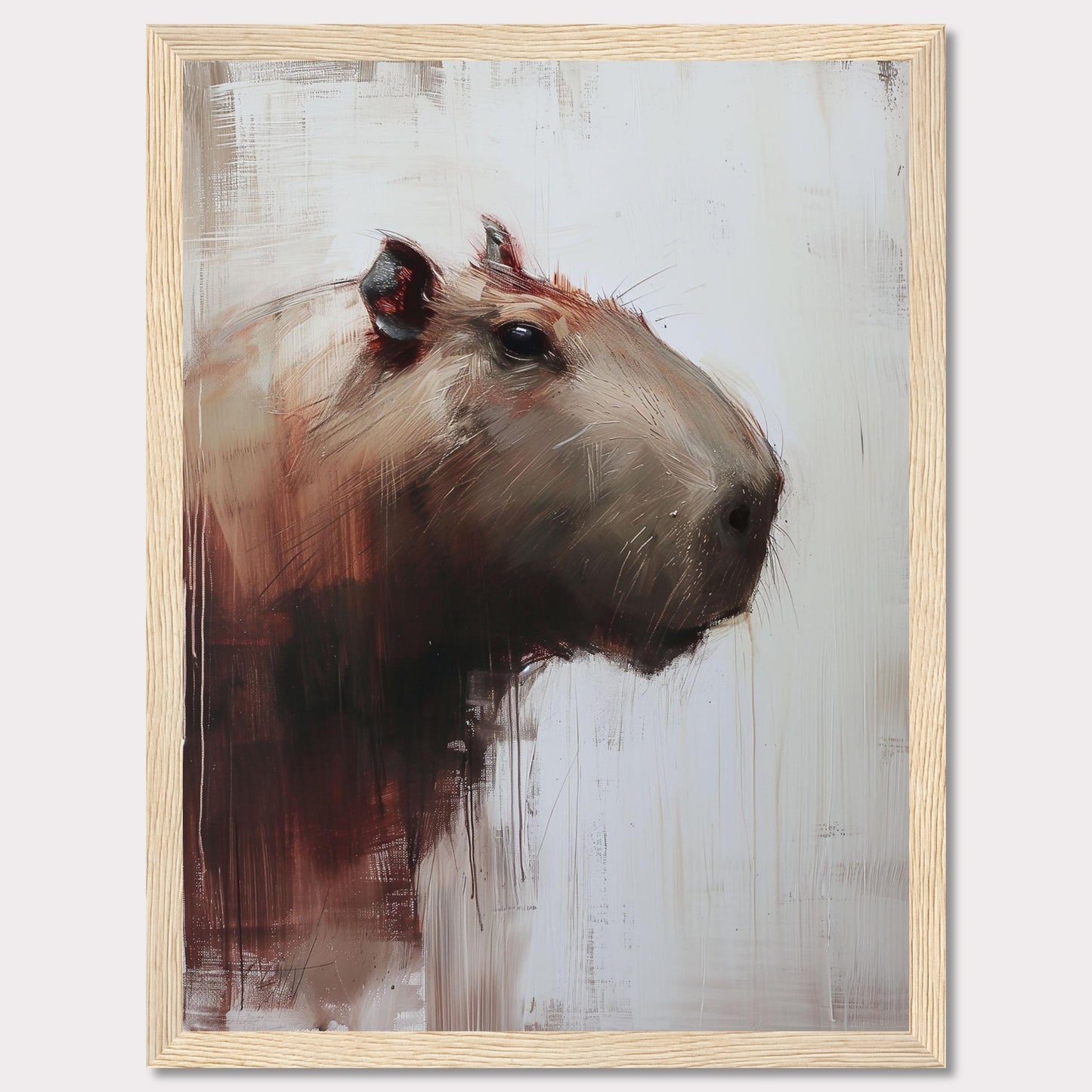 This image showcases a striking painting of a capybara, rendered in a modern, abstract style. The artwork features bold brush strokes and a muted color palette, with the capybara's head turned slightly to the side.