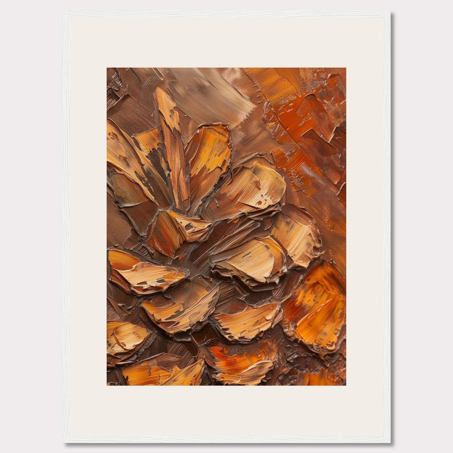 This image showcases a textured painting of a pine cone, rendered in rich, earthy tones. The thick, impasto technique gives the artwork a three-dimensional feel, making the pine cone appear almost lifelike. The painting is framed in a sleek black frame with a white matting that enhances its visual appeal.