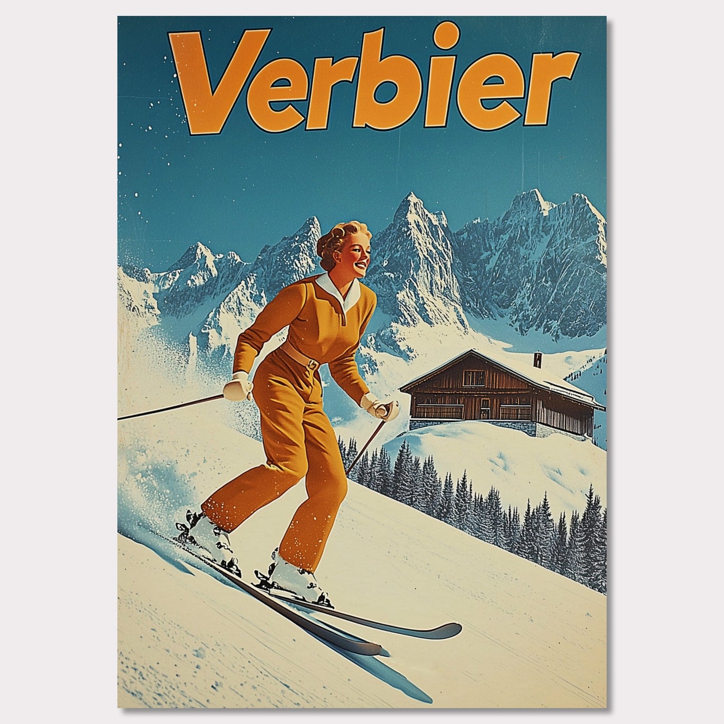 This vibrant retro poster features a cheerful skier dressed in a classic orange ski outfit, gliding down the pristine slopes of Verbier. Behind her, a picturesque alpine chalet sits amidst snow-covered peaks, with a bright blue sky completing the idyllic scene. The bold typography and clean lines enhance the nostalgic charm, inviting viewers to experience the joys of skiing in Verbier.