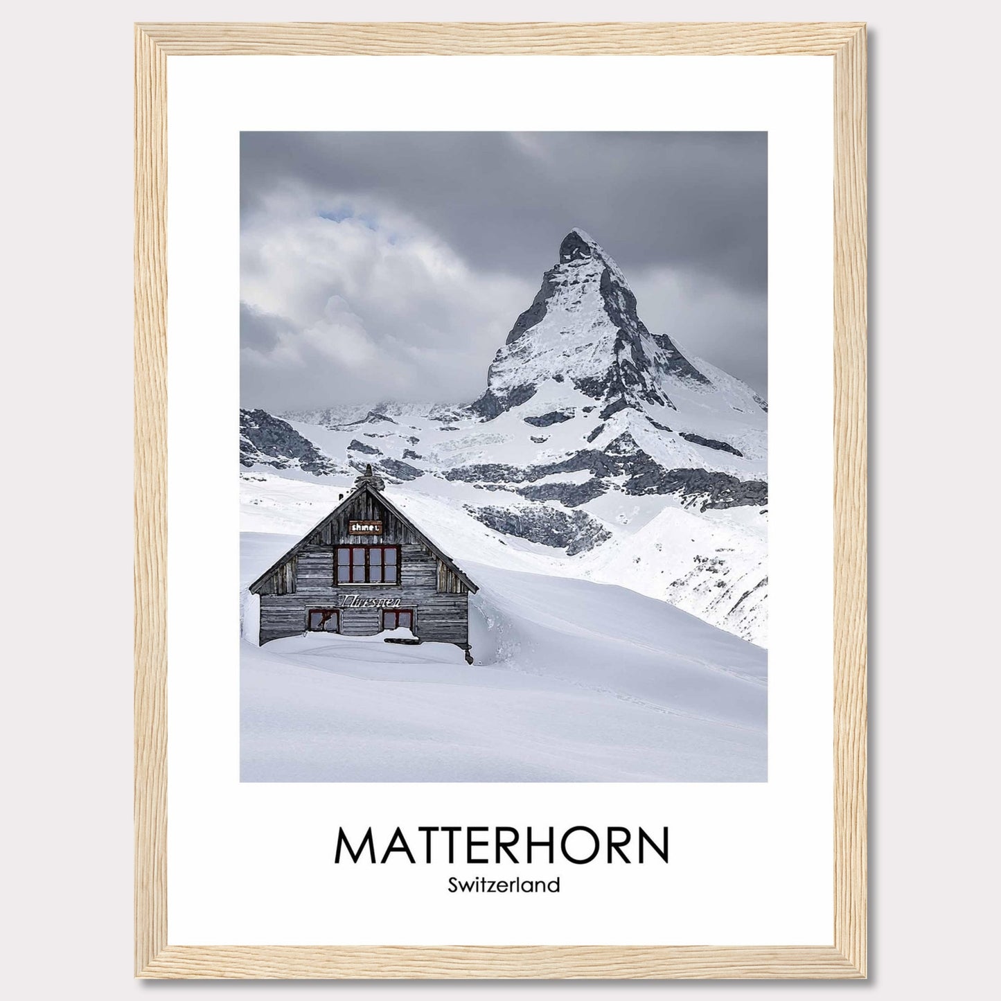 This stunning photograph captures the iconic Matterhorn in Switzerland, with a charming wooden cabin nestled in the snow-covered landscape. The majestic peak rises dramatically against a cloudy sky, creating a breathtaking scene of natural beauty.