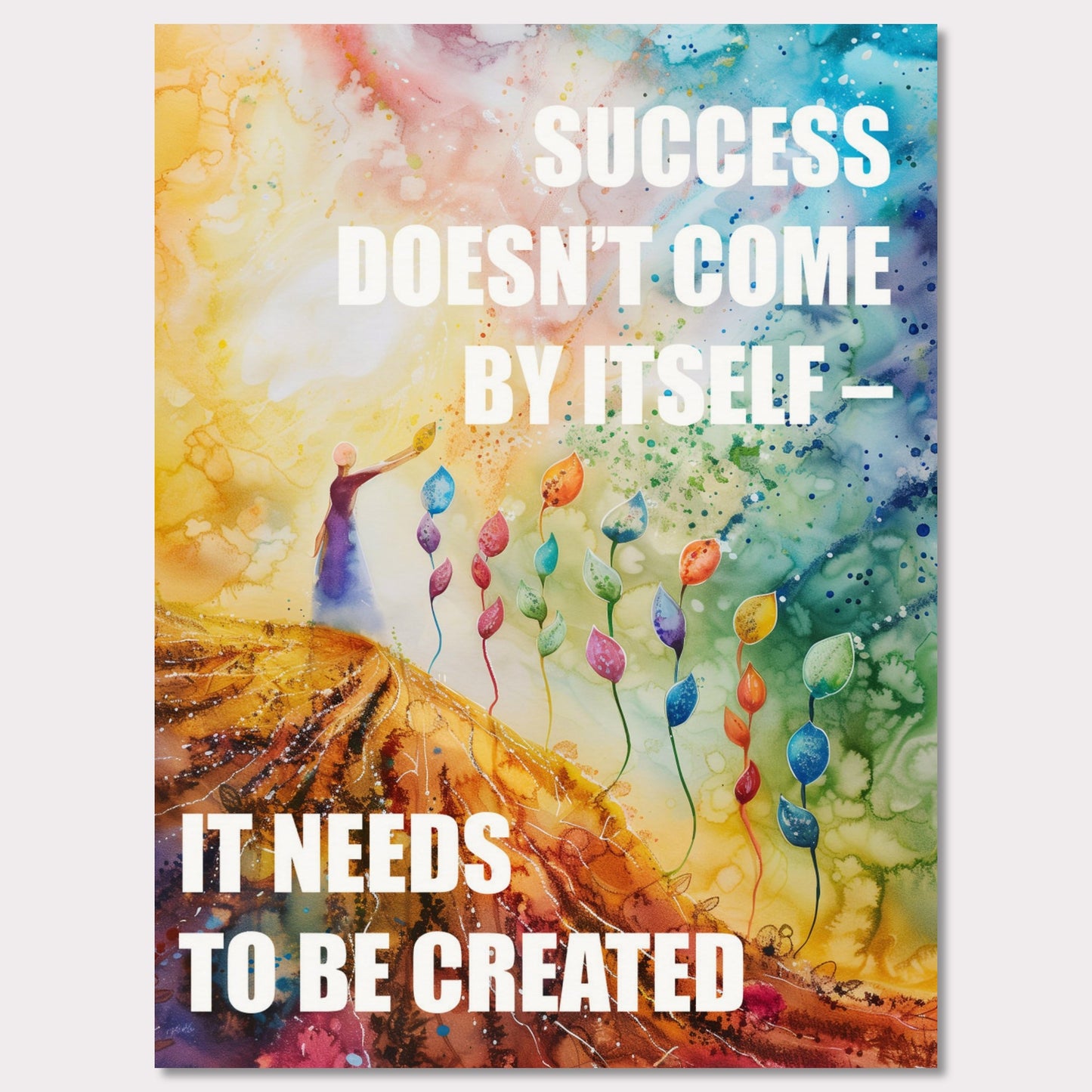 Colorful and inspiring poster featuring the motivational quote: "SUCCESS DOESN'T COME BY ITSELF - IT NEEDS TO BE CREATED".