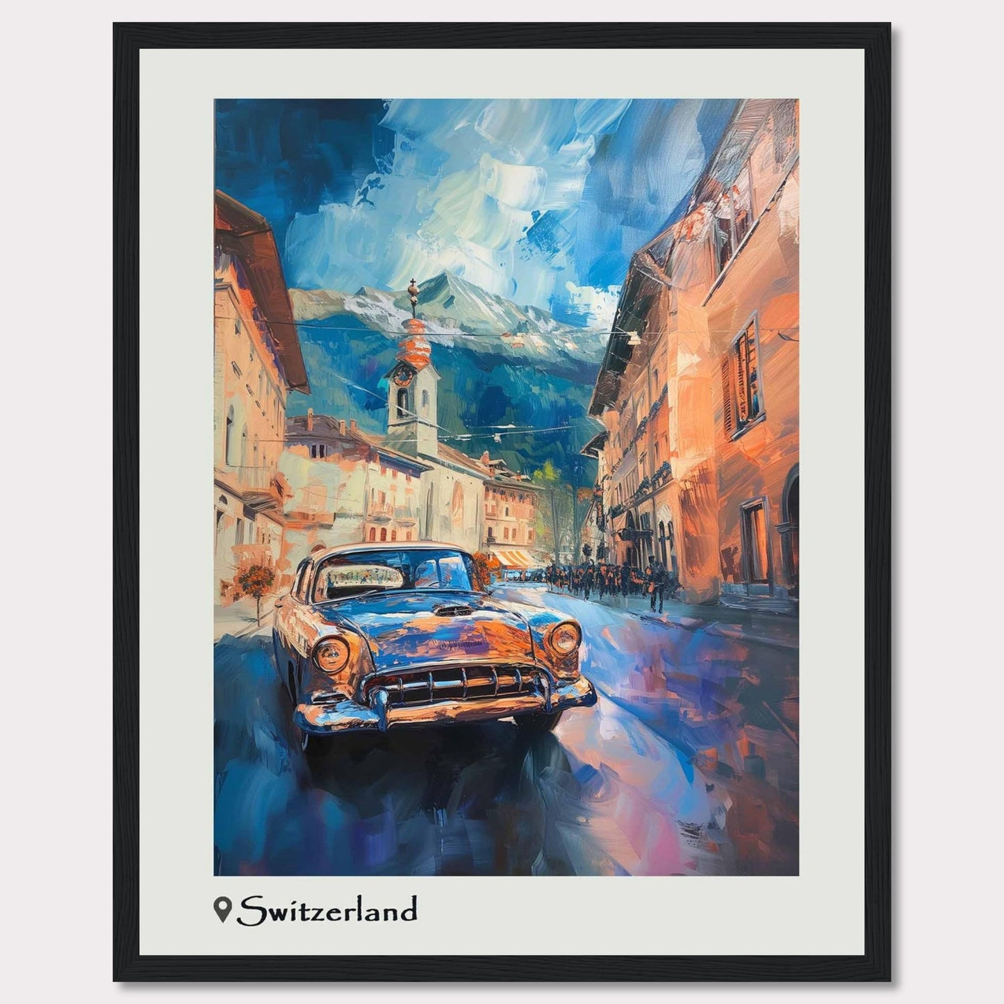 This vibrant painting captures the charm of a Swiss town with a classic car driving through its picturesque streets. The scene is set against a backdrop of majestic mountains under a dynamic sky.