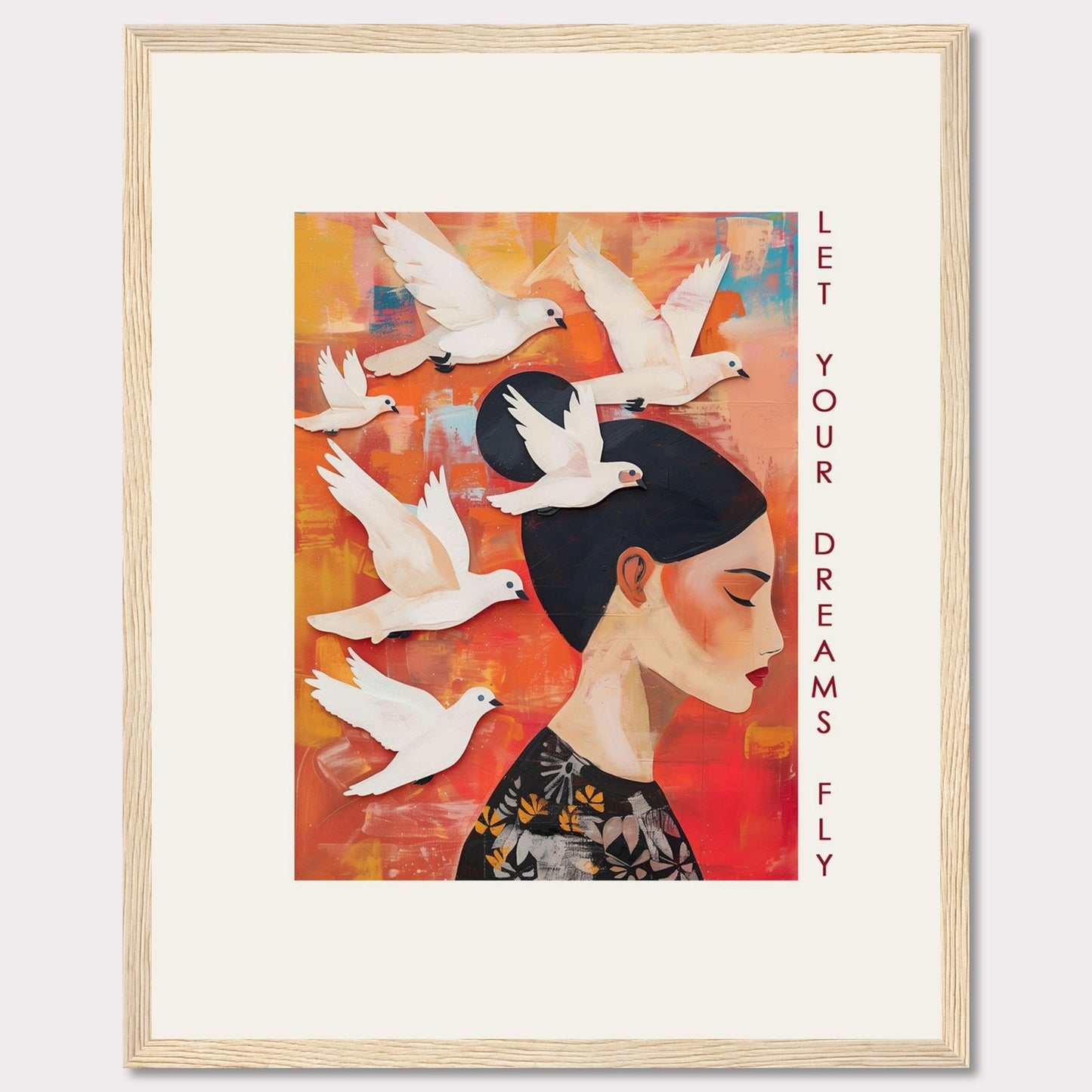 This vibrant artwork features a serene woman with her eyes closed, surrounded by white doves flying against a colorful background. The words "Let Your Dreams Fly" are written vertically along the right side, inspiring viewers to pursue their aspirations.