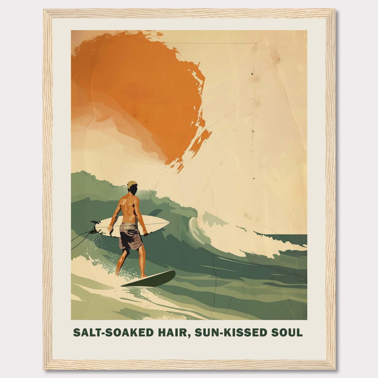 This vibrant poster showcases a surfer riding a wave with the sun setting in the background. 