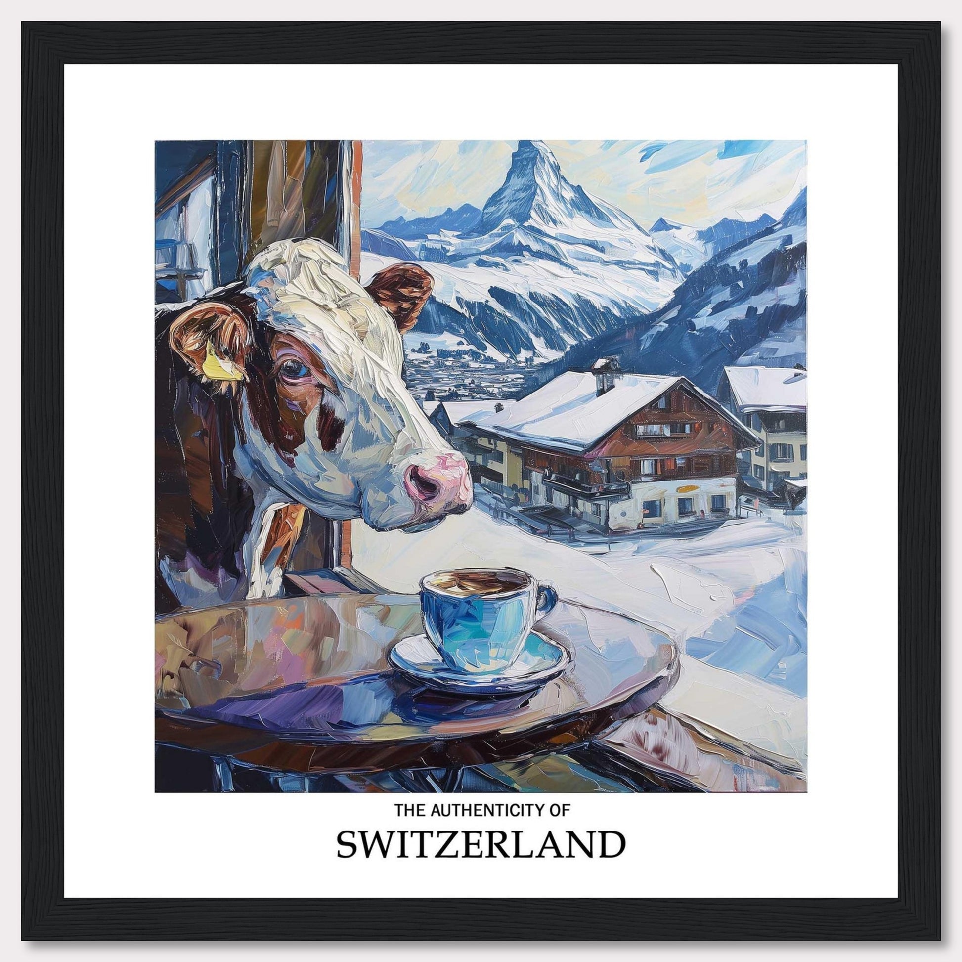 A charming painting captures the essence of Switzerland, featuring a curious cow peeking out of a window, a steaming cup of coffee, and a picturesque snowy village with the majestic Swiss Alps in the background.