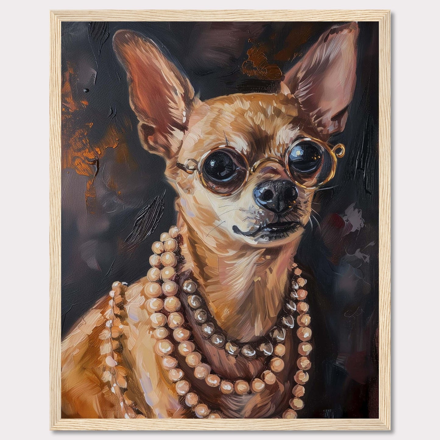 This captivating artwork features a stylish Chihuahua wearing round glasses and multiple strands of pearls. The painting exudes elegance and charm, making it a perfect statement piece for any room.