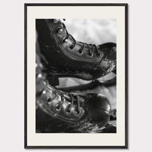 This illustration shows a close-up of a pair of ice skates with laces and blades, featuring a frosty texture. The black-and-white image captures the details of the skates, emphasizing their rugged and worn appearance. 