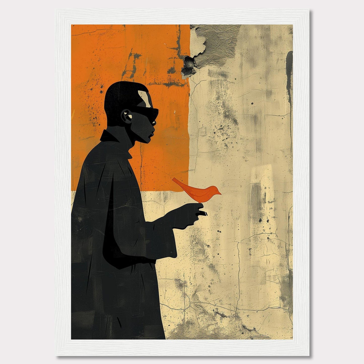 This striking artwork features a silhouette of a person holding a vibrant orange bird against a textured, abstract background. The contrast between the dark figure and the bright bird creates a powerful visual impact.