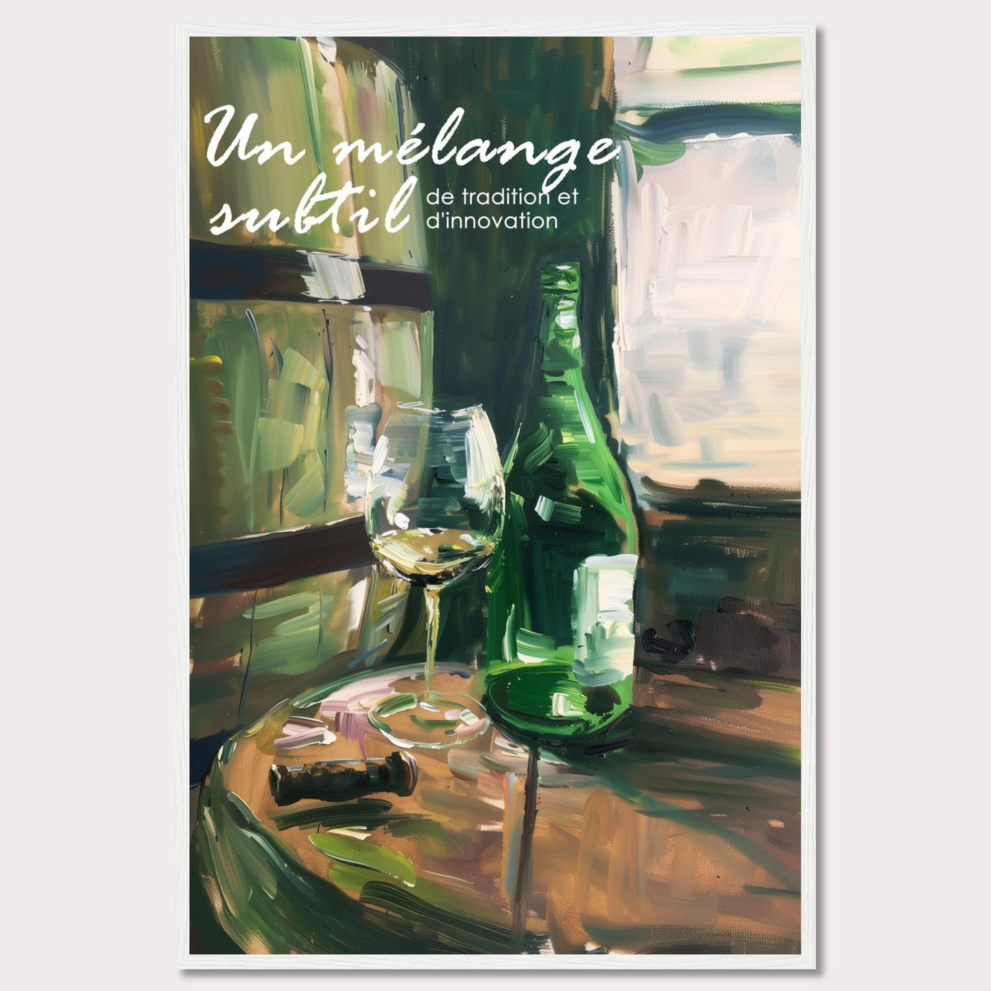 This image showcases a beautifully painted scene of a wine bottle and glass on a wooden table, evoking a sense of sophistication and elegance. The text on the image reads "Un mélange subtil de tradition et d'innovation," which translates to "A subtle blend of tradition and innovation."