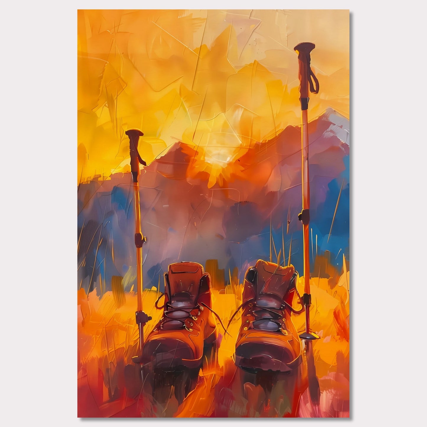 This illustration depicts a pair of hiking boots and trekking poles set against a vibrant, abstract background of mountains and a sunset.