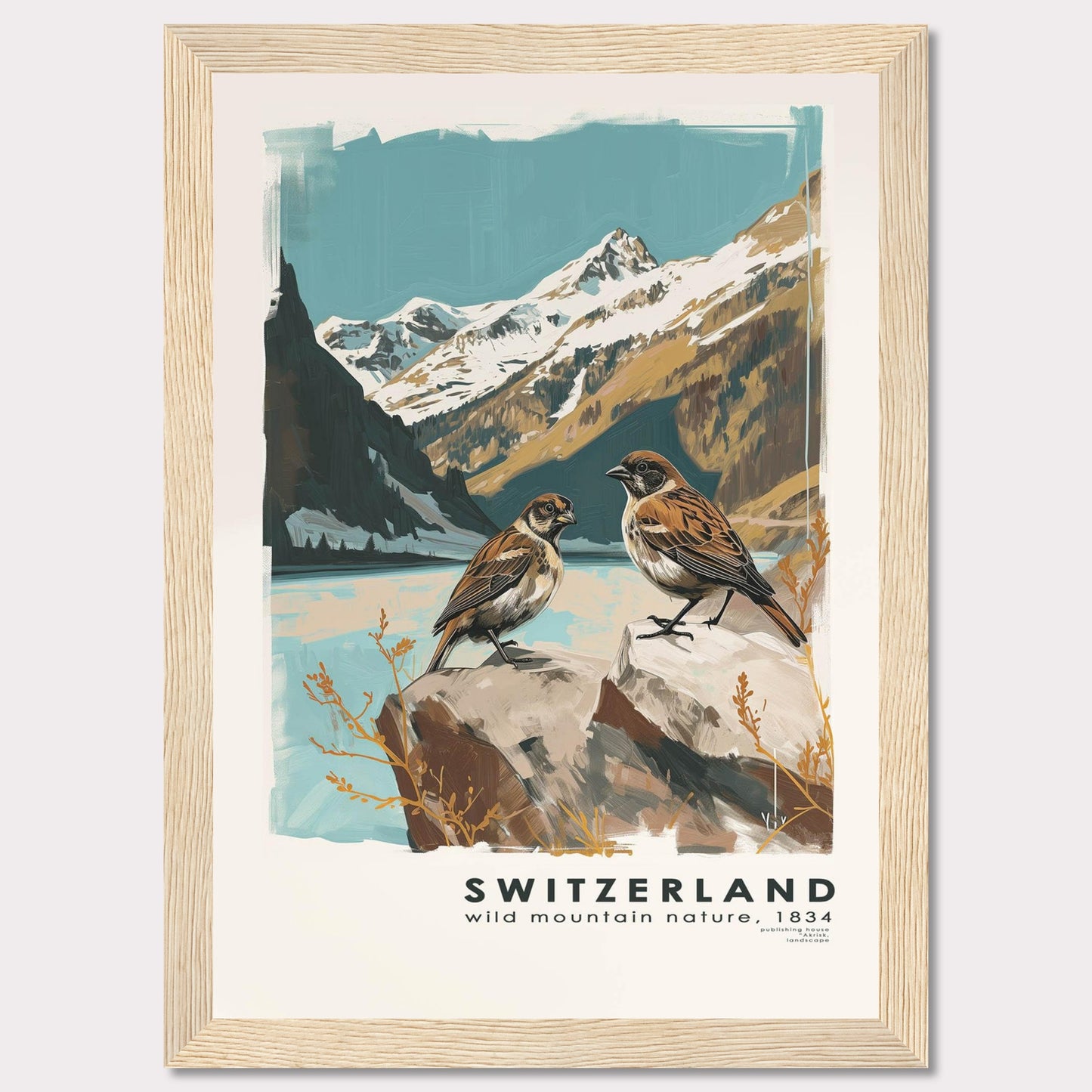 This beautiful illustration captures the serene and majestic nature of Switzerland. Two birds are perched on rocks in the foreground, with a breathtaking backdrop of snow-capped mountains and a tranquil lake.