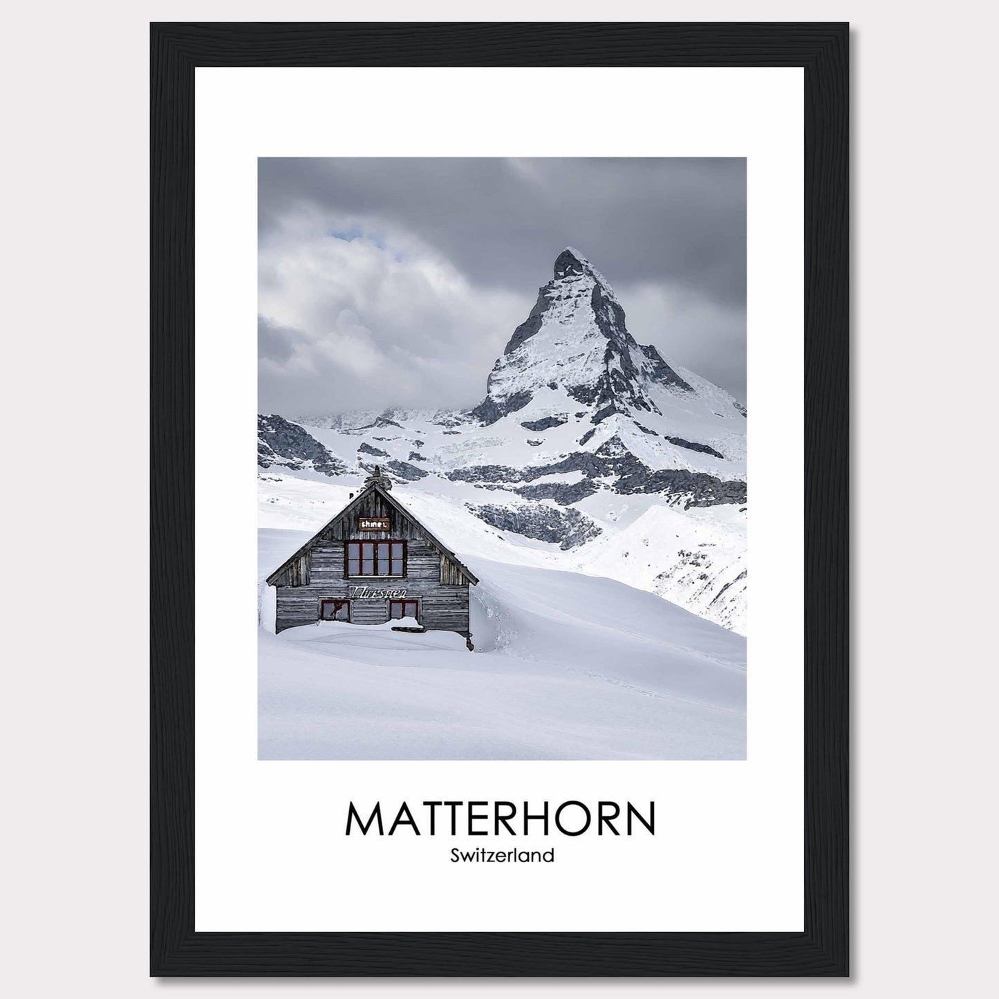 This stunning photograph captures the iconic Matterhorn in Switzerland, with a charming wooden cabin nestled in the snow-covered landscape. The majestic peak rises dramatically against a cloudy sky, creating a breathtaking scene of natural beauty.