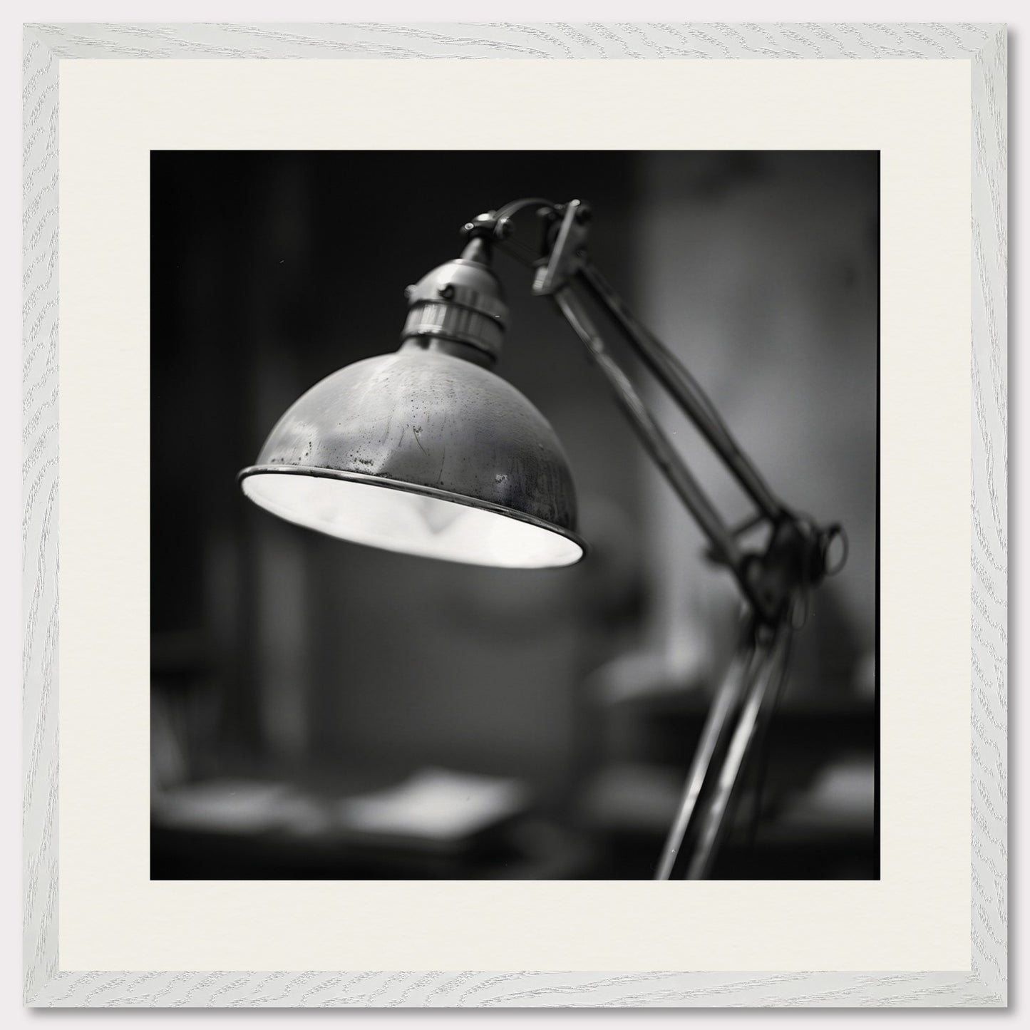 This illustration shows a black and white image of a vintage desk lamp with a metal shade.