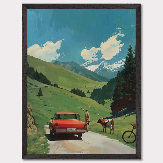 This picture depicts a serene countryside scene with a vibrant red car parked on a narrow road. A person stands beside the car, gazing at a cow that is standing nearby. The lush green hills stretch towards majestic snow-capped mountains under a bright blue sky dotted with fluffy white clouds. A bicycle rests against the tall pine trees, adding to the tranquil rural atmosphere.