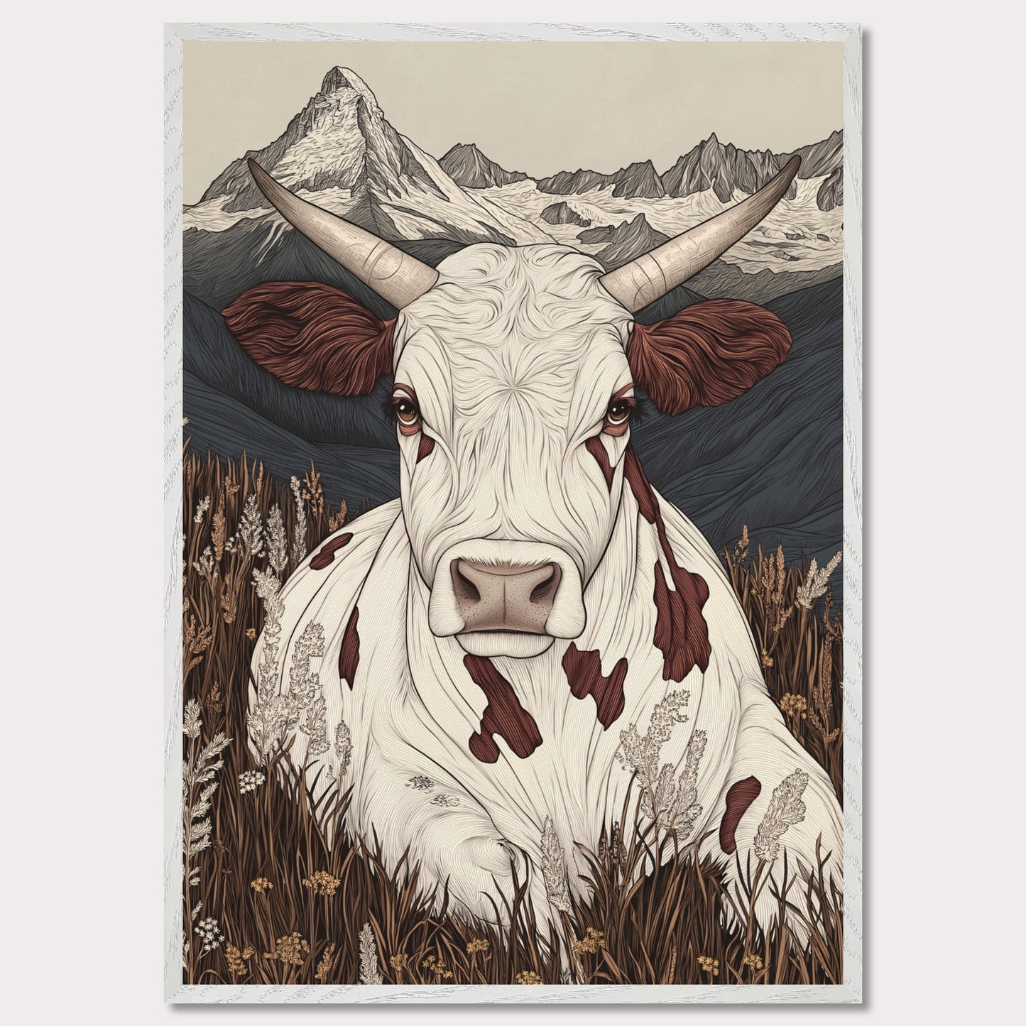 This beautifully detailed poster portrays a tranquil scene of alpine life with a focus on the harmonious connection between nature and animals. A striking cow with intricate features gazes directly at the viewer, creating a sense of intimacy, while the majestic Matterhorn looms in the background. The combination of soft earth tones and delicate linework evokes a rustic yet modern aesthetic.