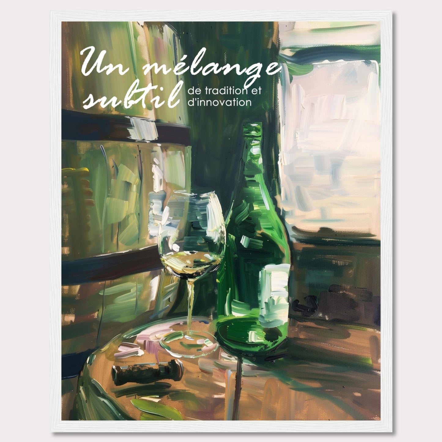 This image showcases a beautifully painted scene of a wine bottle and glass on a wooden table, evoking a sense of sophistication and elegance. The text on the image reads "Un mélange subtil de tradition et d'innovation," which translates to "A subtle blend of tradition and innovation."