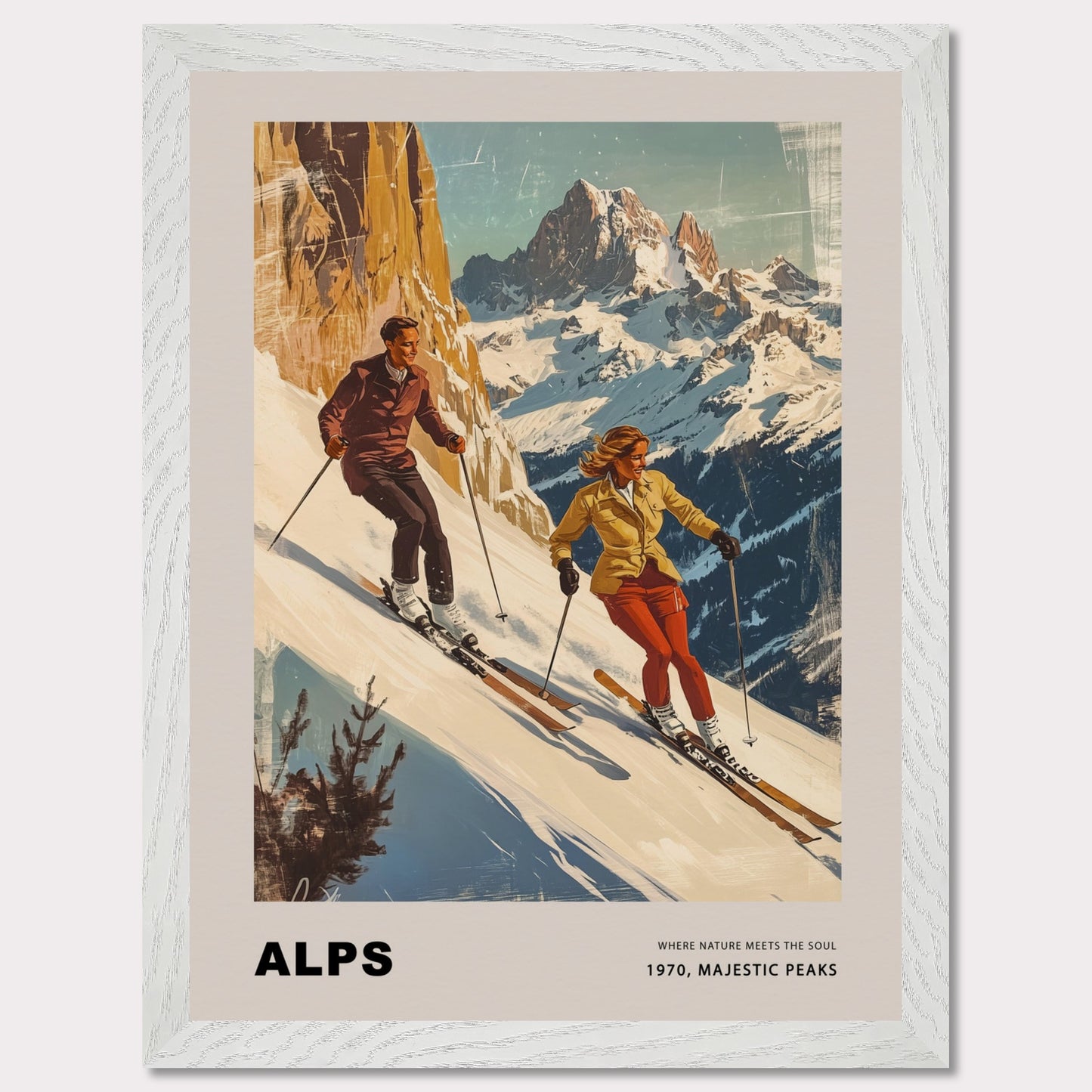 This striking vintage poster celebrates the grandeur of the Alps, depicting a dynamic pair of skiers descending snowy slopes with towering peaks in the background. Their confident movements against the crisp, majestic scenery capture the essence of alpine adventure. The warm, retro tones paired with the timeless typography evoke a sense of nostalgia and the spirit of mountain exploration.