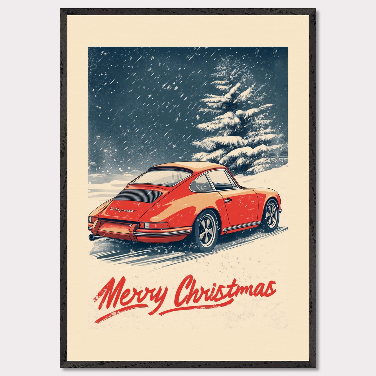 This nostalgic holiday poster features a striking red Porsche driving through a snow-covered landscape, with festive snowflakes gently falling around the scene. A snowy tree and soft winter hues create a cozy and festive atmosphere. The bold "Merry Christmas" typography adds an extra touch of holiday cheer, making it a perfect way to celebrate the season with a classic car enthusiast's touch.