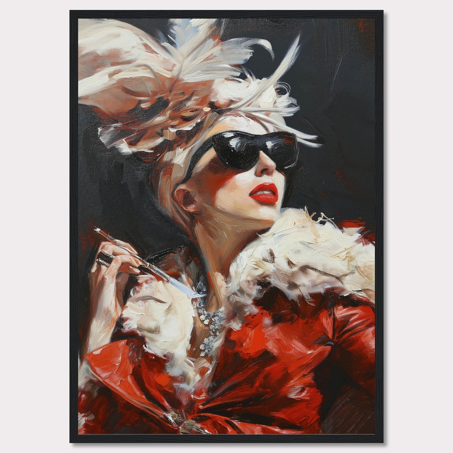 This striking painting captures a glamorous woman exuding confidence and elegance. Adorned in a luxurious red fur coat, she wears dark sunglasses and a dramatic feathered hat, holding a cigarette holder with poise. The bold brushstrokes and vibrant colors add to the dynamic and sophisticated feel of the artwork.