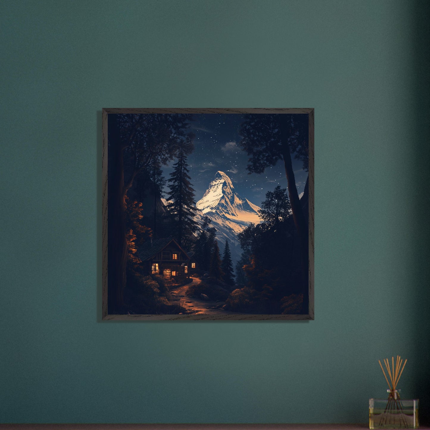 This breathtaking poster showcases the iconic Matterhorn mountain towering over a tranquil village at night, with the snow gently illuminated by the moon. The retro-inspired design and warm lighting from the chalets create a peaceful and majestic atmosphere, emphasizing the serene beauty of the Swiss Alps. This timeless poster captures the allure of winter in the Alps, making it a perfect reminder of the awe-inspiring landscapes and alpine tranquility.