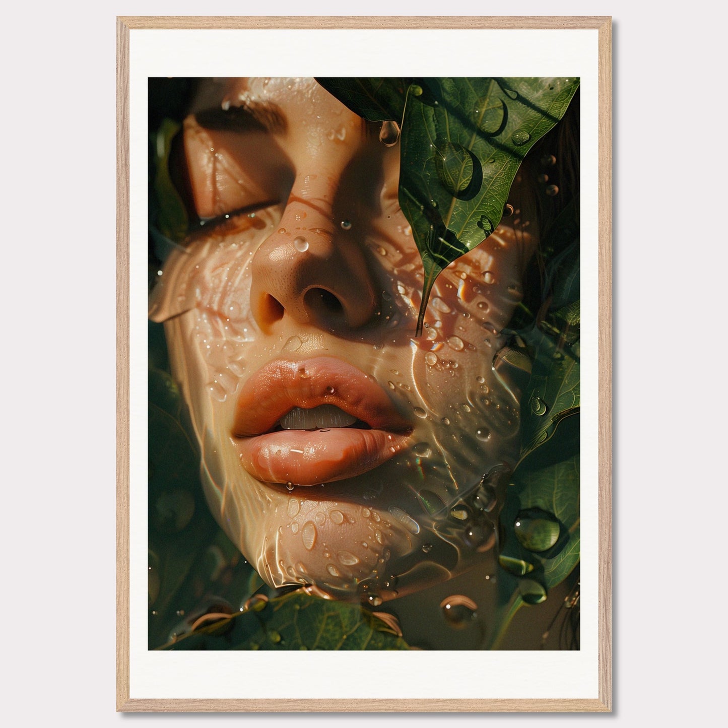 This is an artistic illustration depicting a close-up of a woman's face partially covered by leaves and water droplets.

This poster would fit well in a modern living room, bedroom, or office space, adding a touch of nature and surreal beauty to the decor.