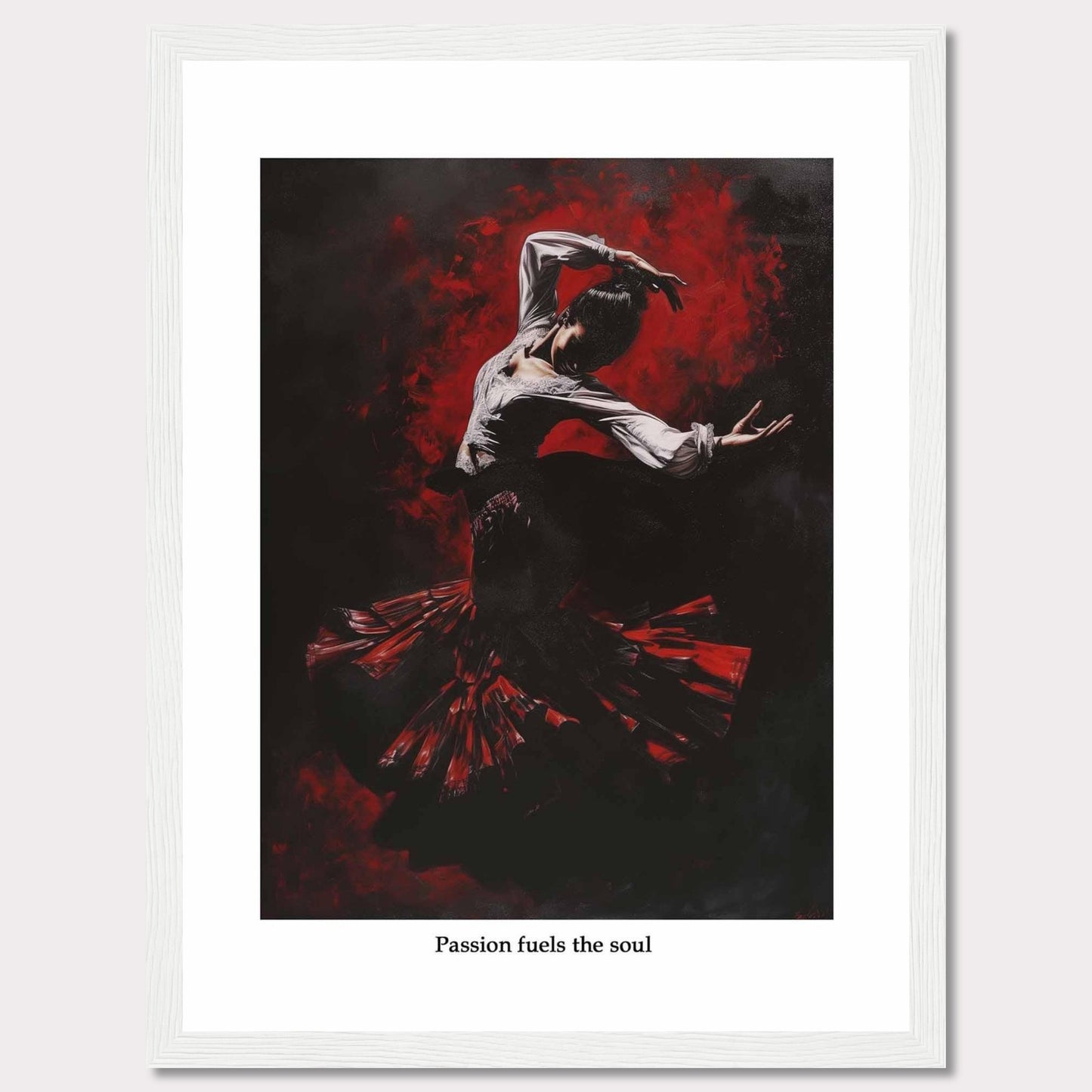 This captivating image depicts a flamenco dancer enveloped in a swirl of red and black, showcasing the intensity and passion of the dance. The dancer's expressive pose and flowing costume create a dynamic and powerful visual impact.