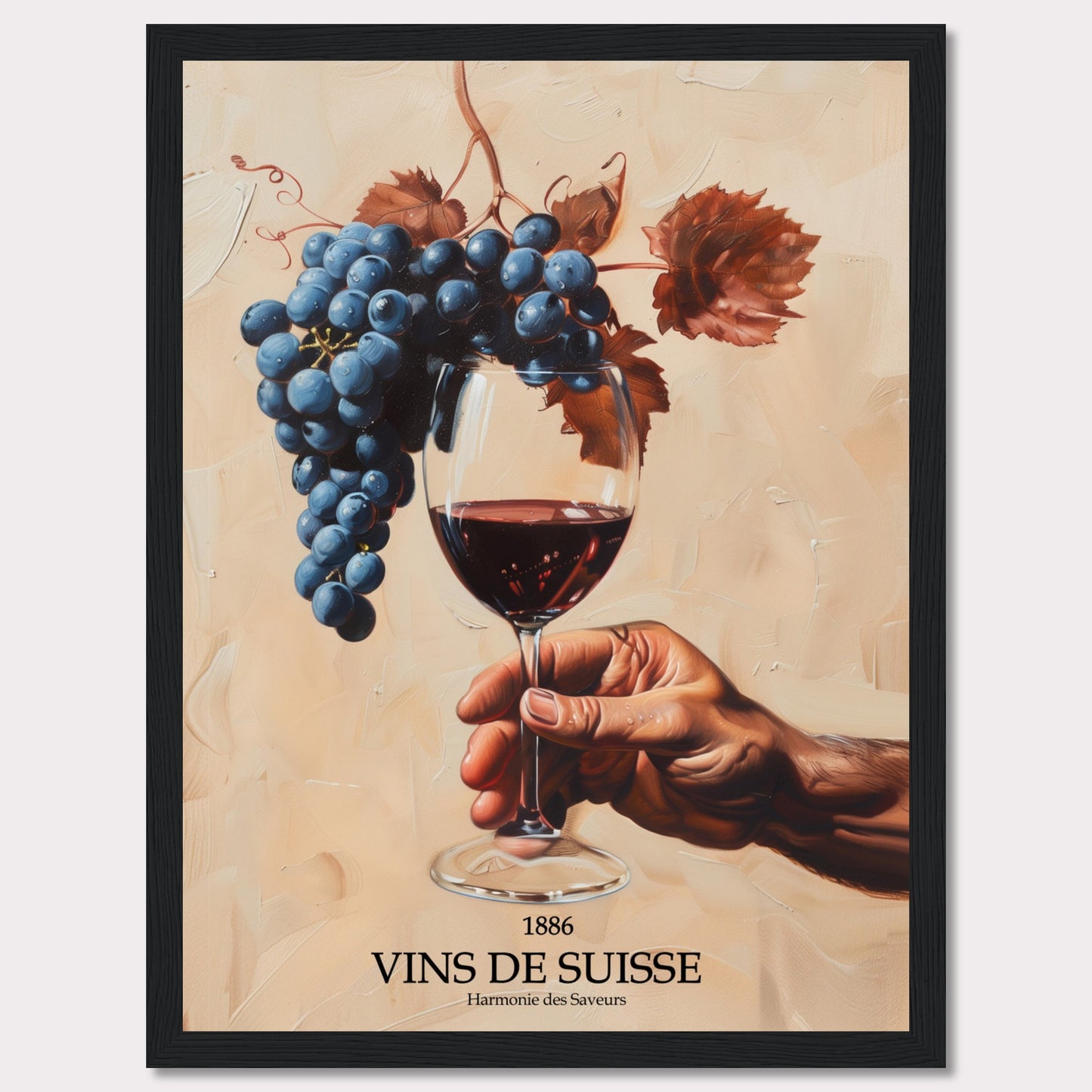 This captivating image showcases a hand holding a glass of red wine, with a luscious bunch of grapes hanging above it. The background is painted in warm, earthy tones, enhancing the rich colors of the grapes and wine.