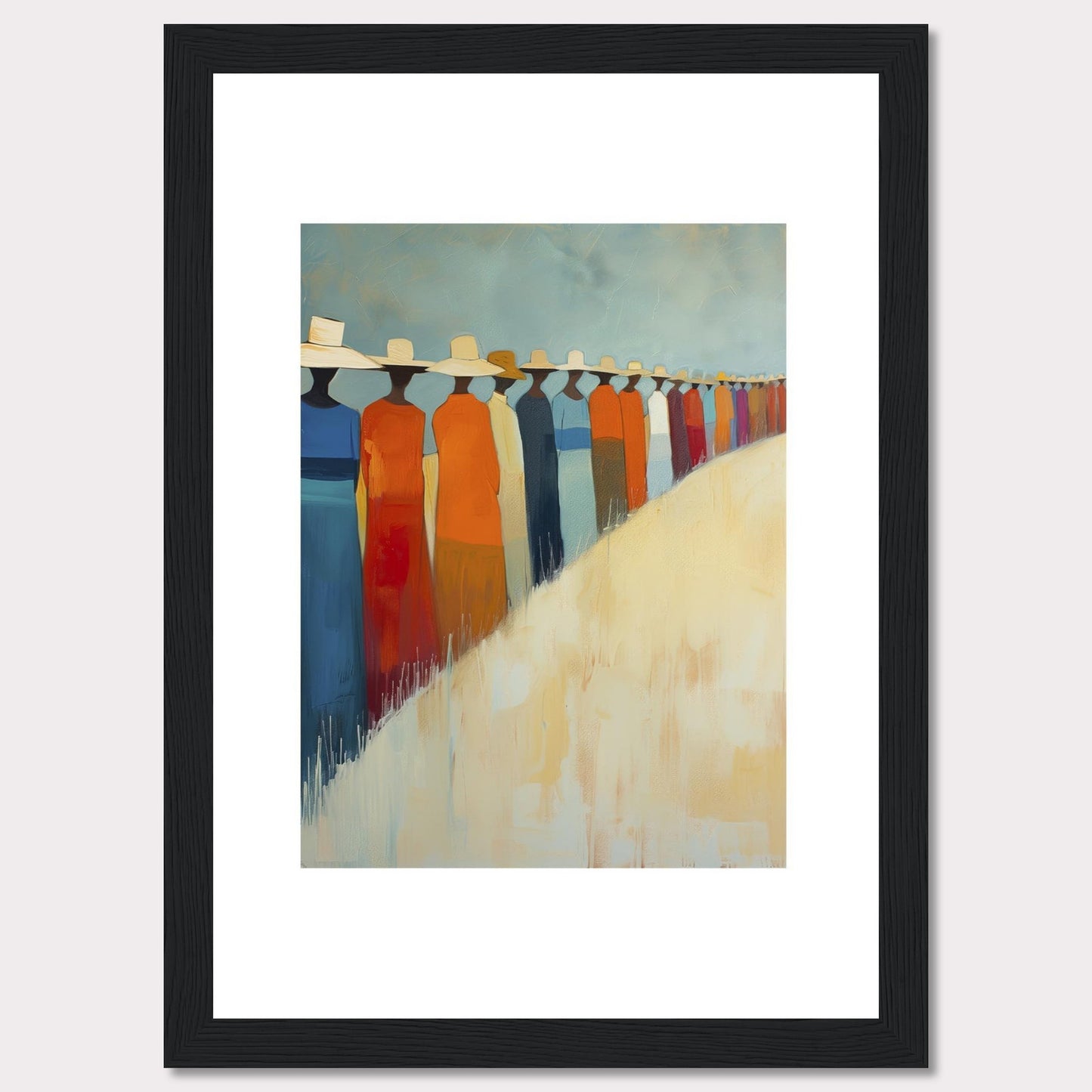 This artwork features a line of abstract figures wearing wide-brimmed hats, standing against a serene backdrop. The figures are dressed in vibrant colors, predominantly orange, blue, and white. The painting exudes a sense of unity and calmness.