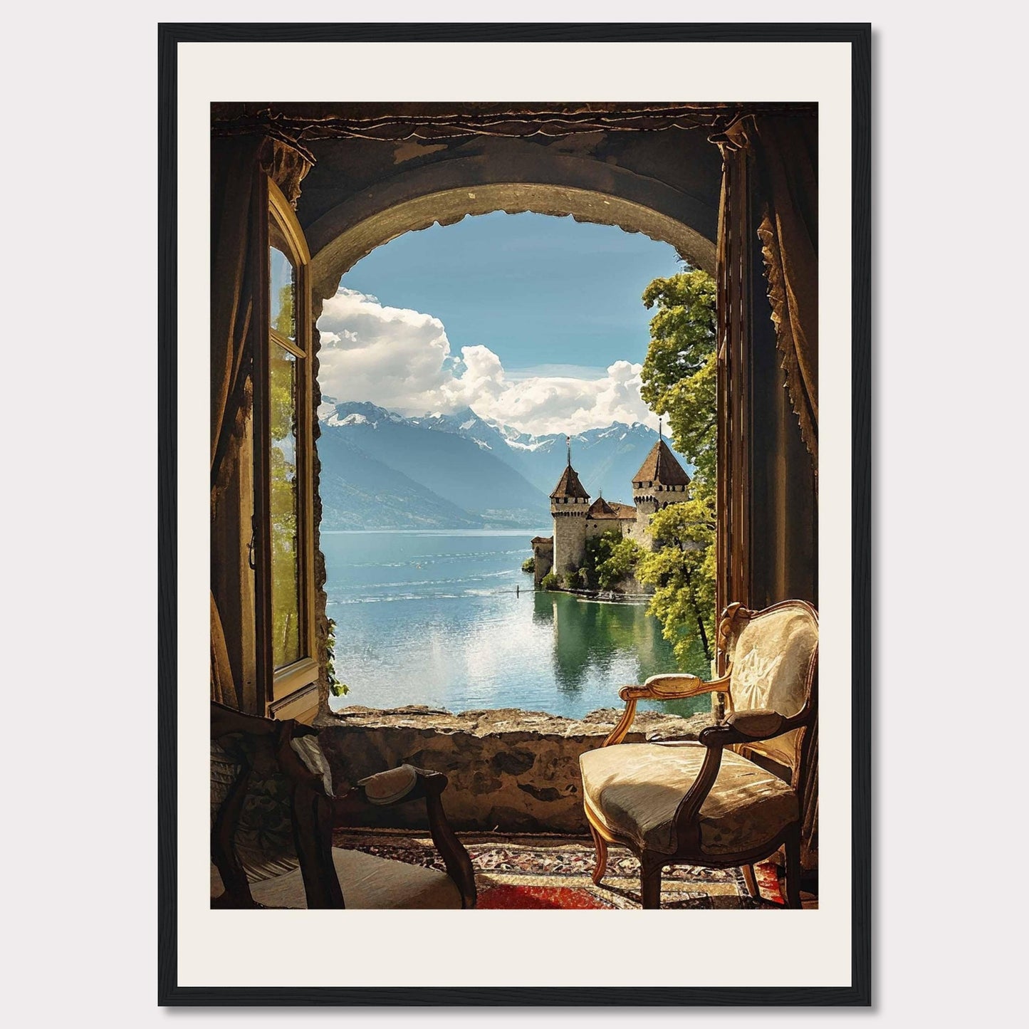 This stunning framed artwork captures a breathtaking view through an arched window, revealing a serene lake with a majestic castle and snow-capped mountains in the background. The cozy interior with antique chairs adds a touch of warmth and elegance.