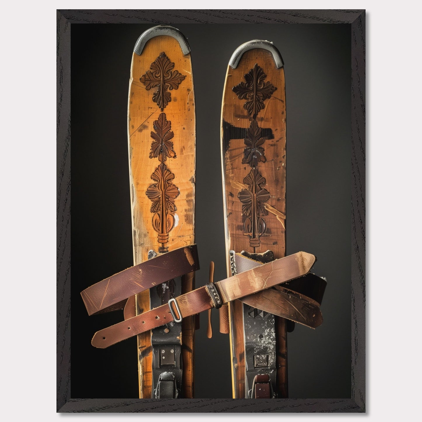 Immerse yourself in the nostalgia of winter sports with this captivating image of vintage wooden skis. These beautifully crafted skis feature intricate carvings and sturdy leather bindings, showcasing the elegance and durability of traditional ski equipment. The worn texture tells a story of countless adventures on snowy slopes. Perfect for ski enthusiasts and lovers of vintage decor alike.