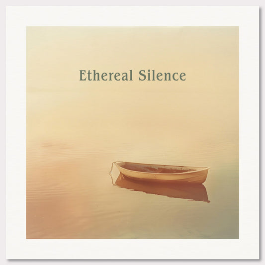 This serene photograph features a solitary rowboat gently floating on calm waters under a soft, ethereal light. The words "Ethereal Silence" are elegantly displayed above the boat, enhancing the tranquil atmosphere.