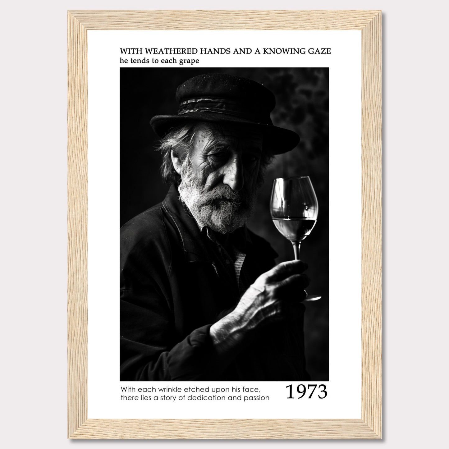 This evocative black-and-white photograph captures an elderly man with a weathered face, holding a glass of wine. His thoughtful gaze and the detailed wrinkles on his face tell a story of dedication and passion. The text accompanying the image reads: "With weathered hands and a knowing gaze he tends to each grape. With each wrinkle etched upon his face, there lies a story of dedication and passion." The year 1973 is prominently displayed.