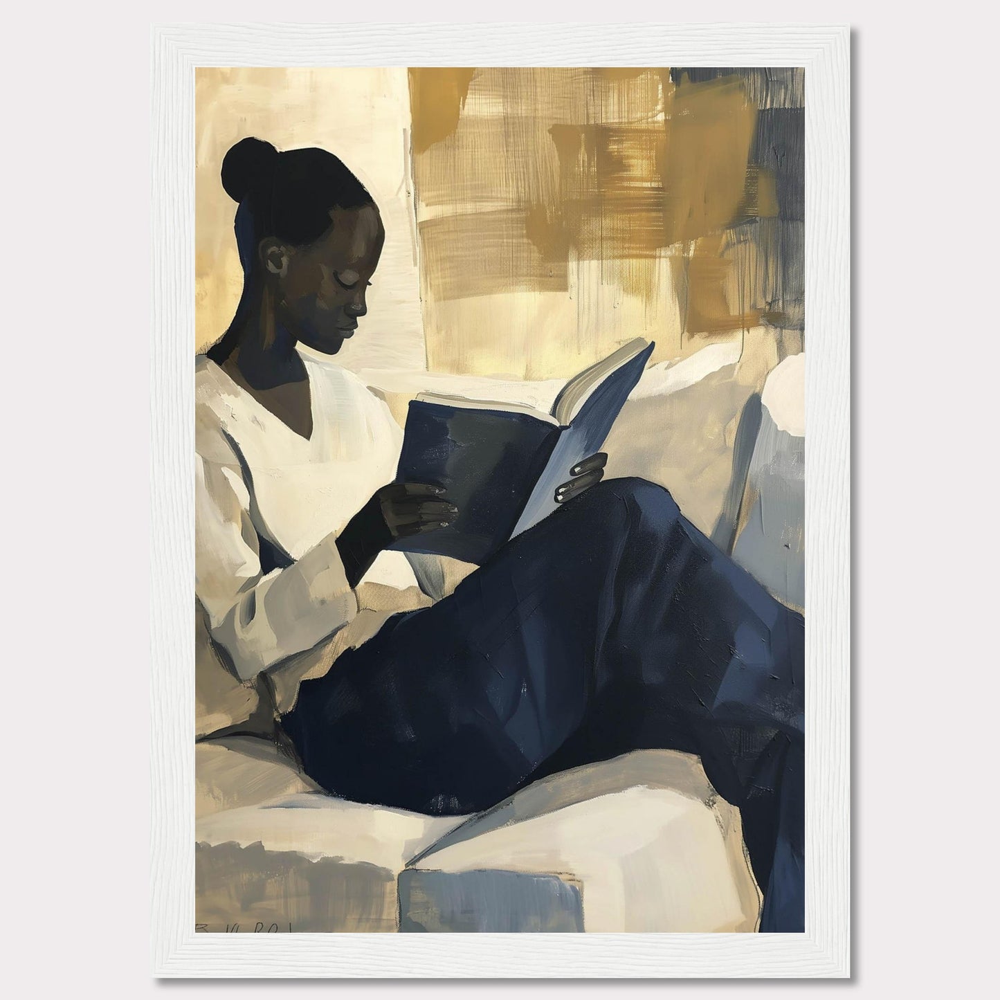 This painting captures a serene moment of a woman deeply engrossed in a book. The artwork uses a muted color palette with shades of beige, blue, and gold, creating a calm and contemplative atmosphere.