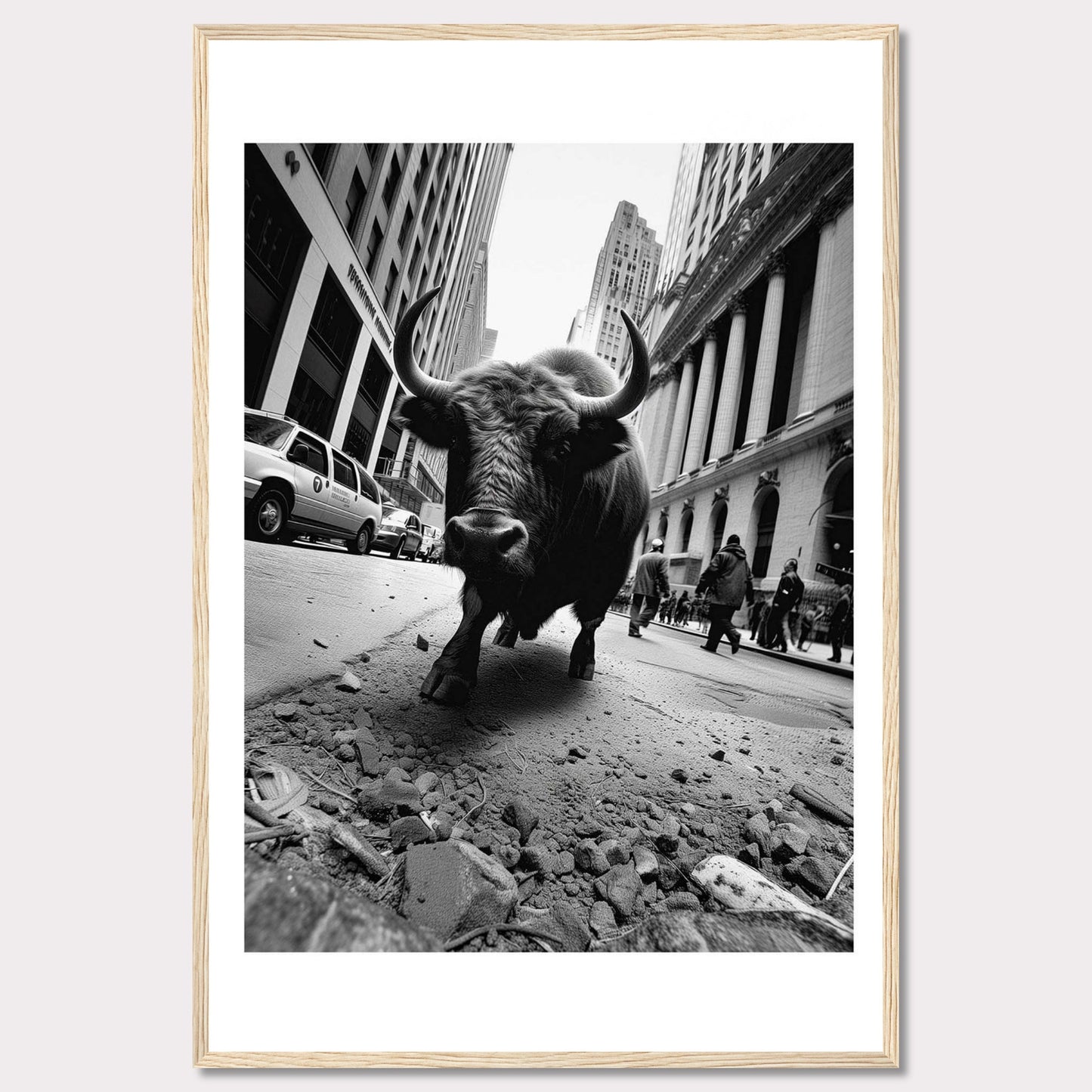 This striking black-and-white photograph captures a powerful bull striding confidently down a bustling city street. The image juxtaposes the raw strength of the bull against the backdrop of towering skyscrapers and busy pedestrians, creating a dramatic and thought-provoking scene.