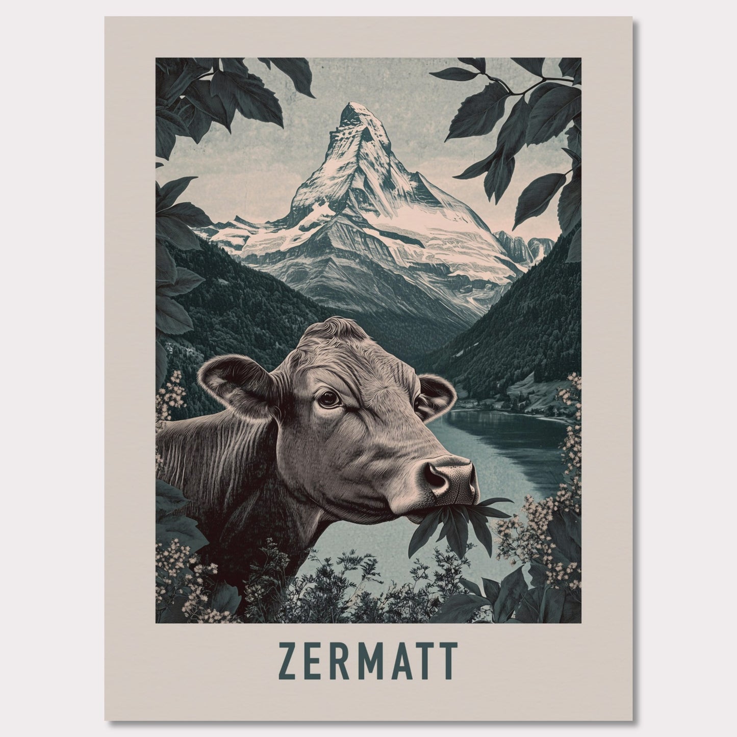 This minimalist yet striking poster captures the essence of Zermatt's natural charm through its bold composition and vintage-inspired design. At the heart of the image is a curious cow enjoying alpine foliage, framed by lush greenery, with the iconic Matterhorn towering in the background. The muted color palette enhances the timeless appeal, blending a sense of serenity and rustic life.