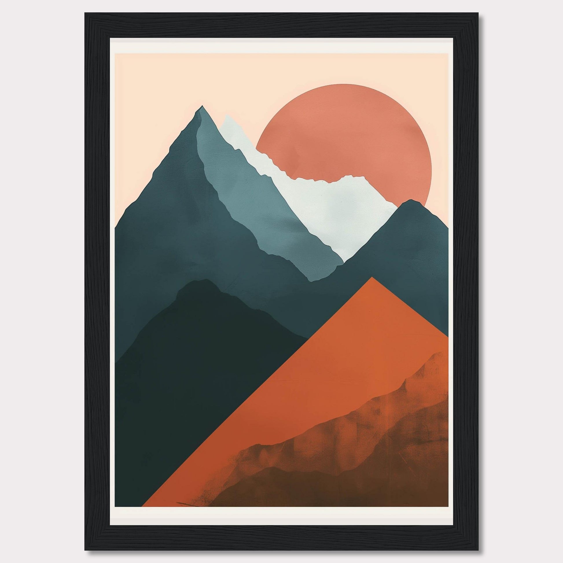 This is a modern, abstract art print featuring a mountain landscape with a large sun setting in the background. The artwork uses bold, contrasting colors to create a striking visual impact.