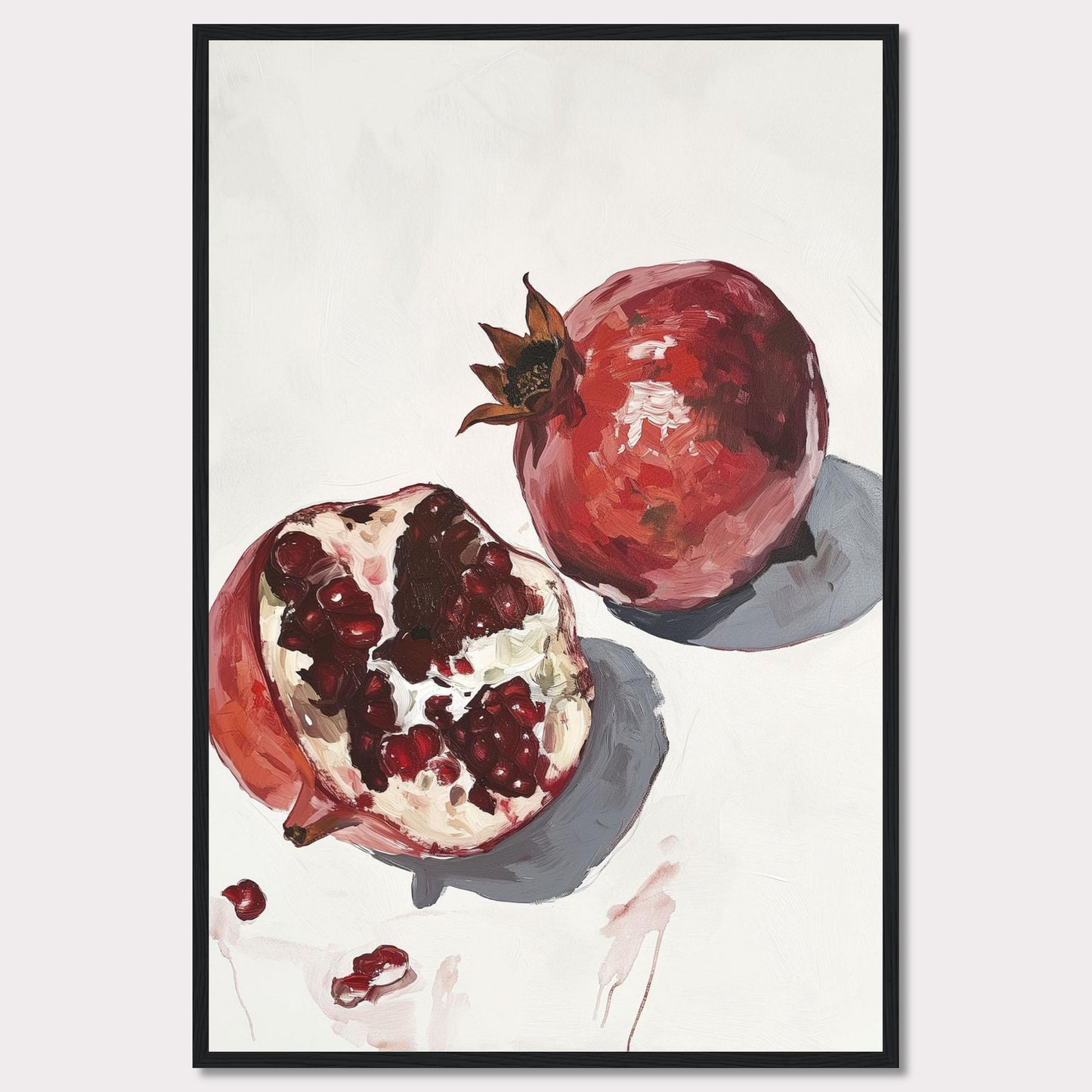 This captivating artwork features a detailed painting of two pomegranates, one whole and one halved, showcasing the vibrant red seeds. The minimalist background highlights the rich colors and textures of the fruit, making it a striking piece for any space.