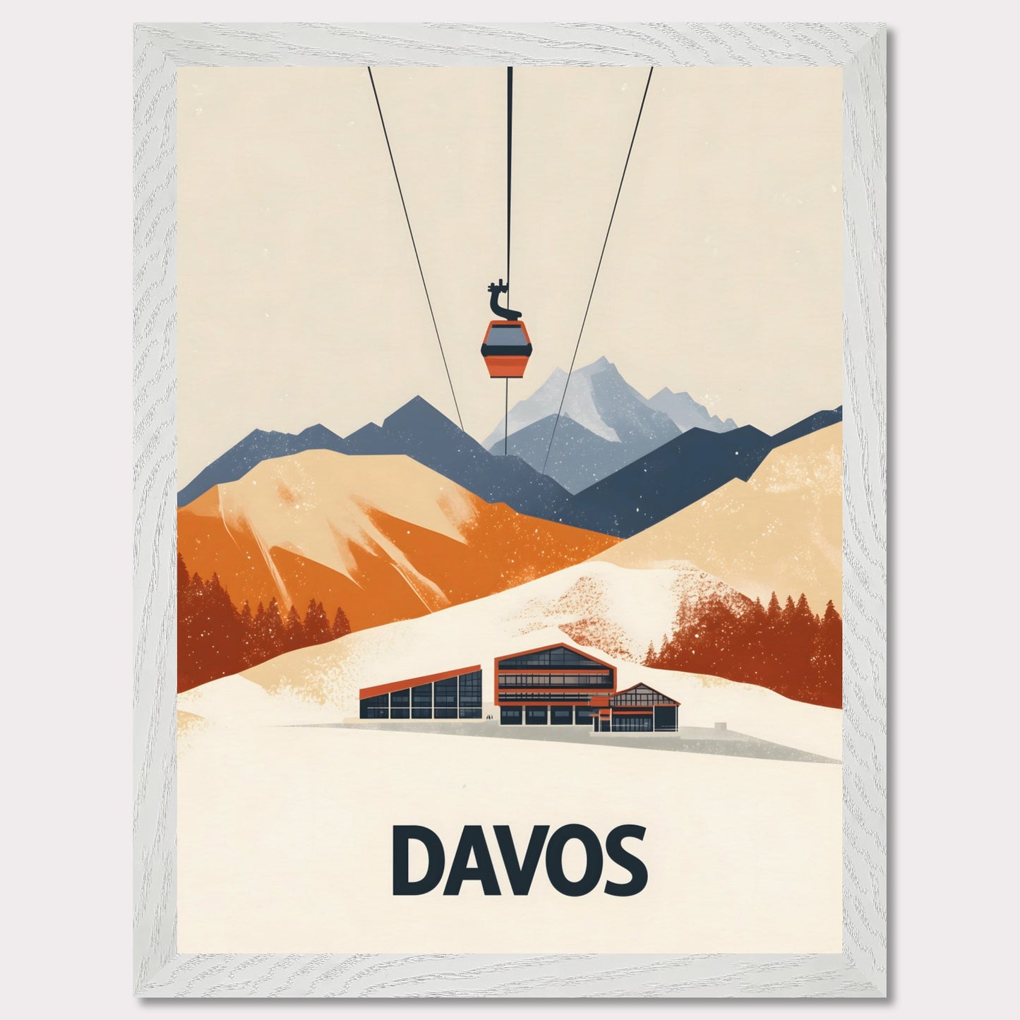 A stunning visual of a winter resort in Davos, nestled among snow-covered mountains. A cable car ascends above, symbolizing the excitement of skiing and high-altitude adventures.