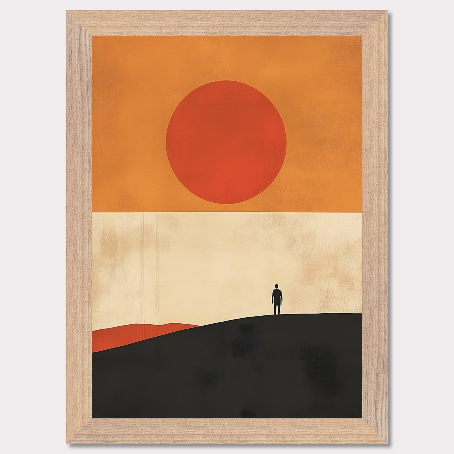 A striking minimalist artwork that conveys a sense of isolation and reflection. A lone figure stands on a hill under an oversized sun, evoking themes of wanderlust, contemplation, and the vastness of the world. The warm tones and simple composition give it a timeless, meditative feel.