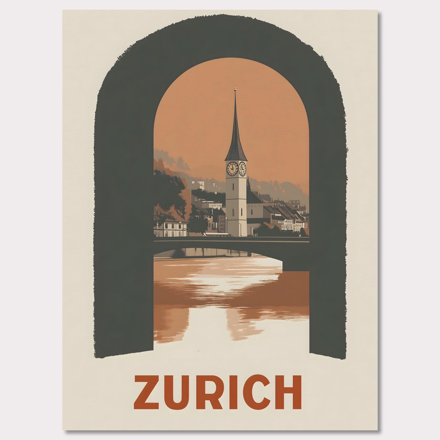 A sophisticated poster featuring Zurich’s historic clock tower, framed through an arched window. The blend of soft tones and bold composition creates a striking visual balance.