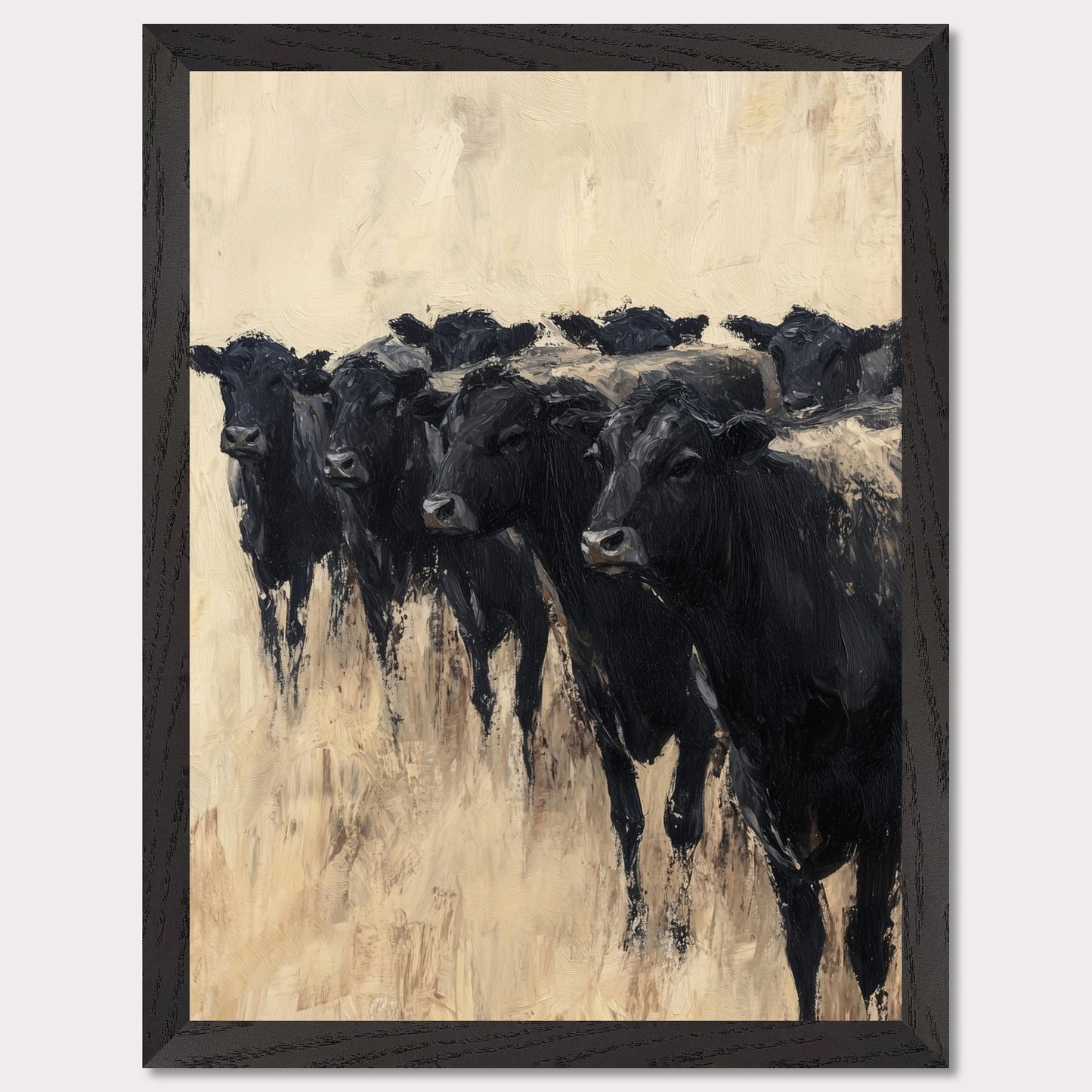 This captivating painting depicts a group of black cows standing together, evoking a sense of unity and strength. The textured brushstrokes and neutral background create a striking contrast, highlighting the animals' dark forms.