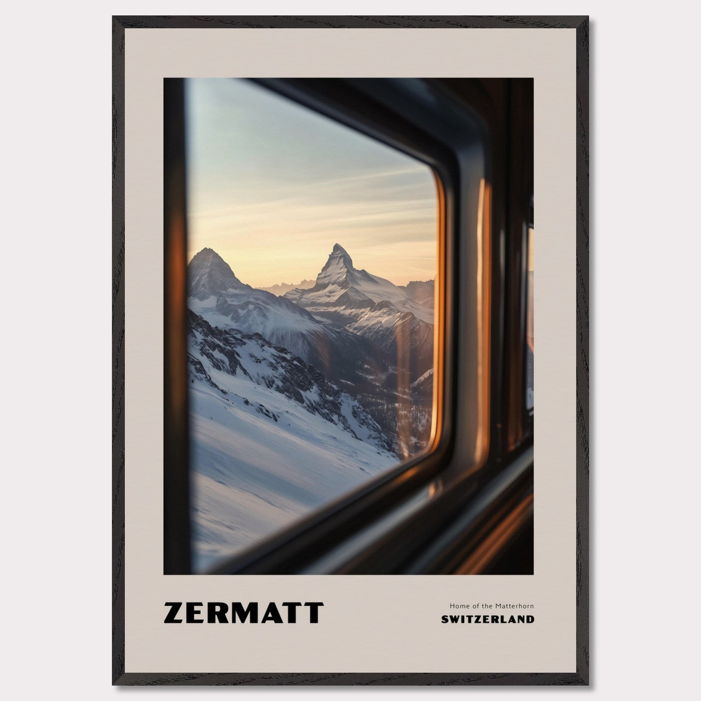 This poster features one of Switzerland’s most iconic symbols – the Matterhorn, proudly rising above the snowy slopes. The view from a train or gondola window creates a travel-like experience, while the soft sunset light adds an enchanting glow to the scenery.